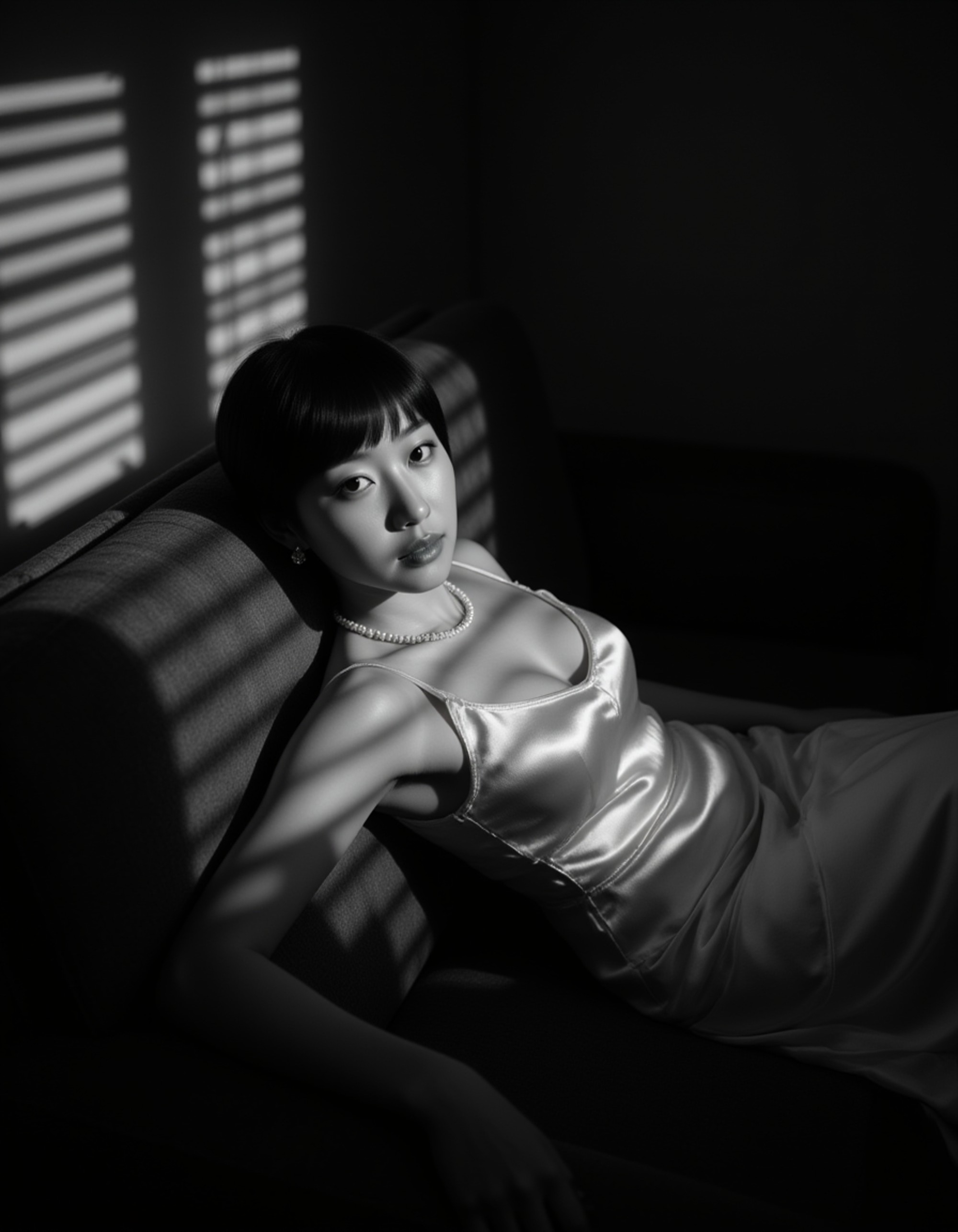 female model reclining on a vintage sofa, wearing a silk slip dress and pearls, eyes filled with intrigue as blinds cast patterned shadows on her, smoky room and deep contrasts in monochrome film noir style