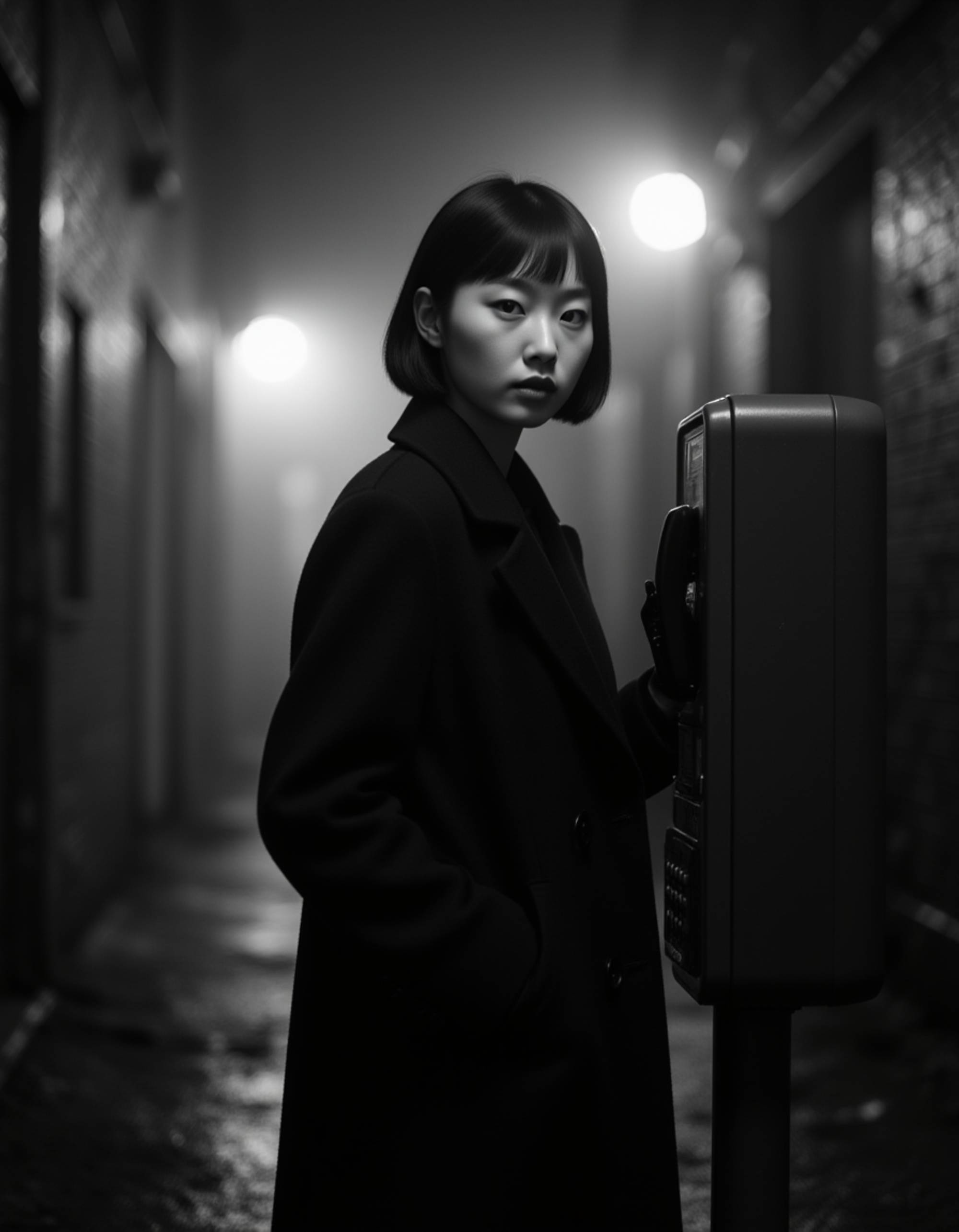 female model standing near a vintage payphone in a foggy alley, wearing a fitted coat and gloves, expression tense and secretive, soft rim light outlining her silhouette, high-contrast black and white photography