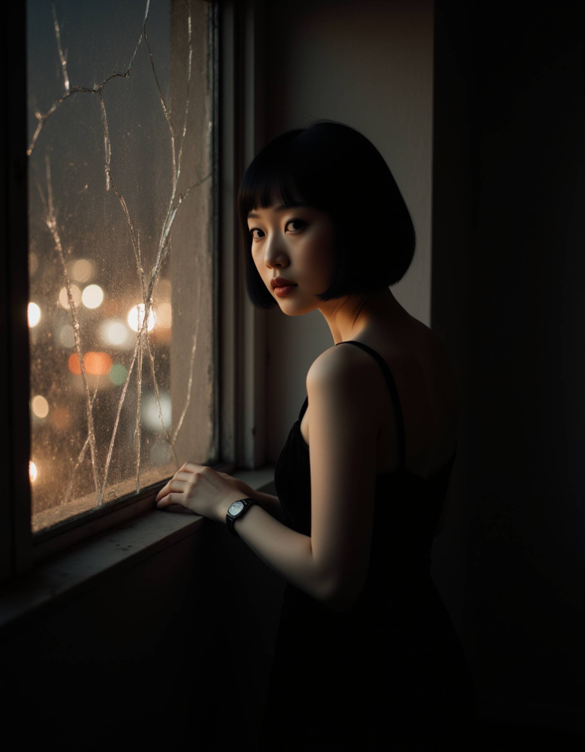 female model gazing through a cracked window with blinds, wearing a dark velvet gown, subtle reflection of city lights on the glass, cinematic mood with mysterious undertones, classic 1940s noir composition