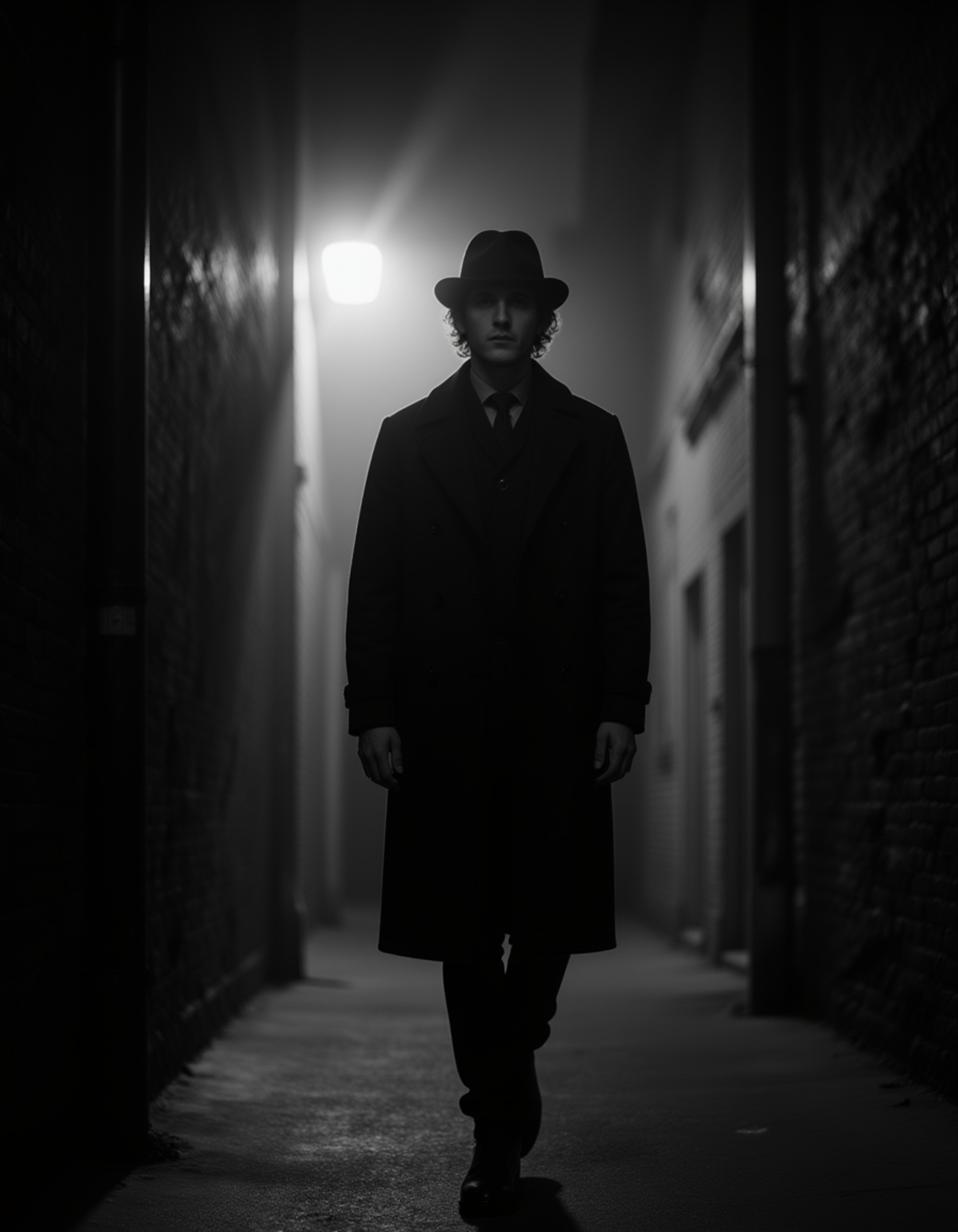 male model as a detective walking through a foggy alley at night, wearing a long trench coat and fedora, cigarette glowing faintly, streetlight casting harsh shadows, atmospheric black and white film noir scene