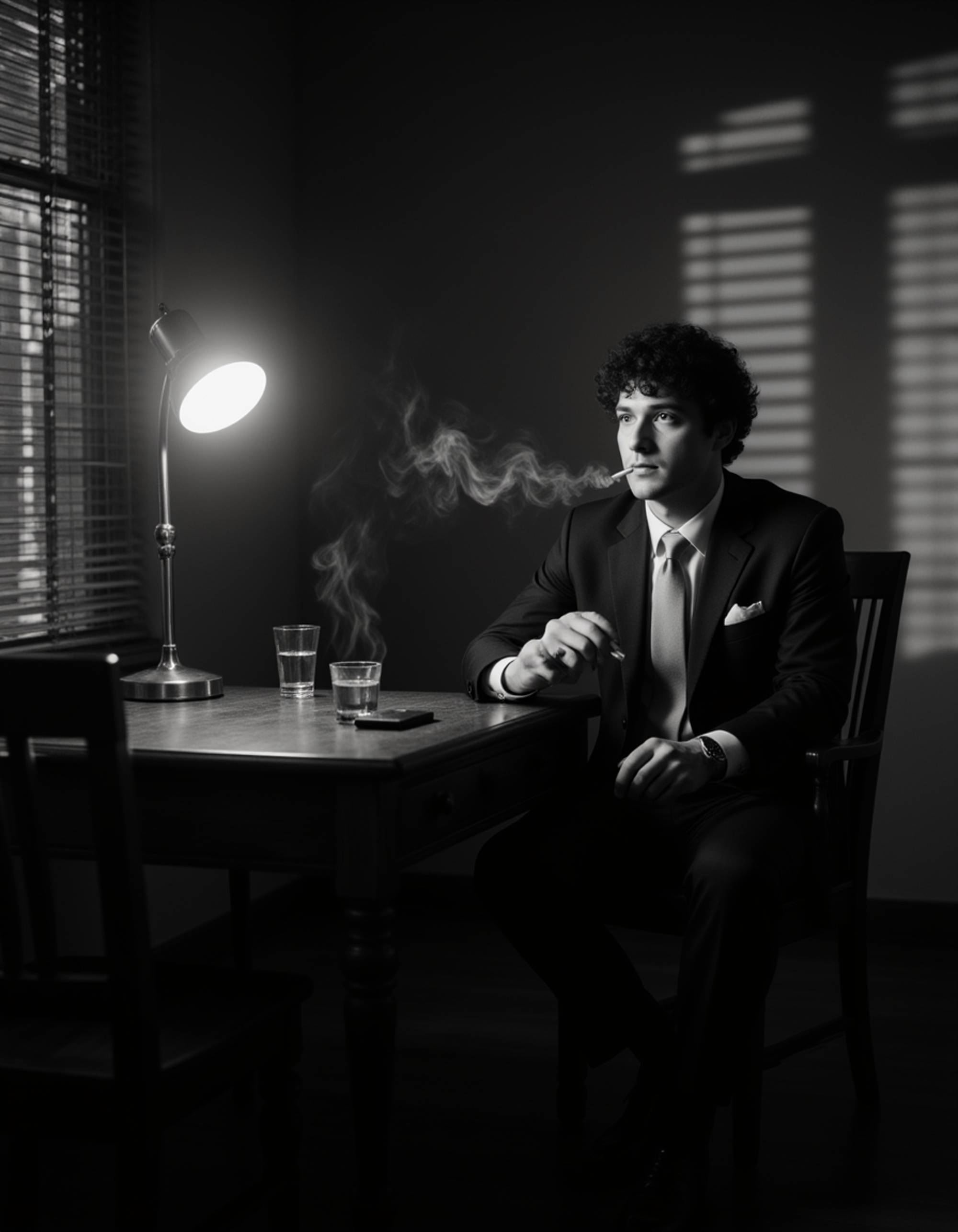 male model sitting in a vintage office behind a wooden desk, wearing a classic 1940s suit and tie, lamp light illuminating smoke from his cigarette, blinds creating striped shadows across the room, moody noir composition