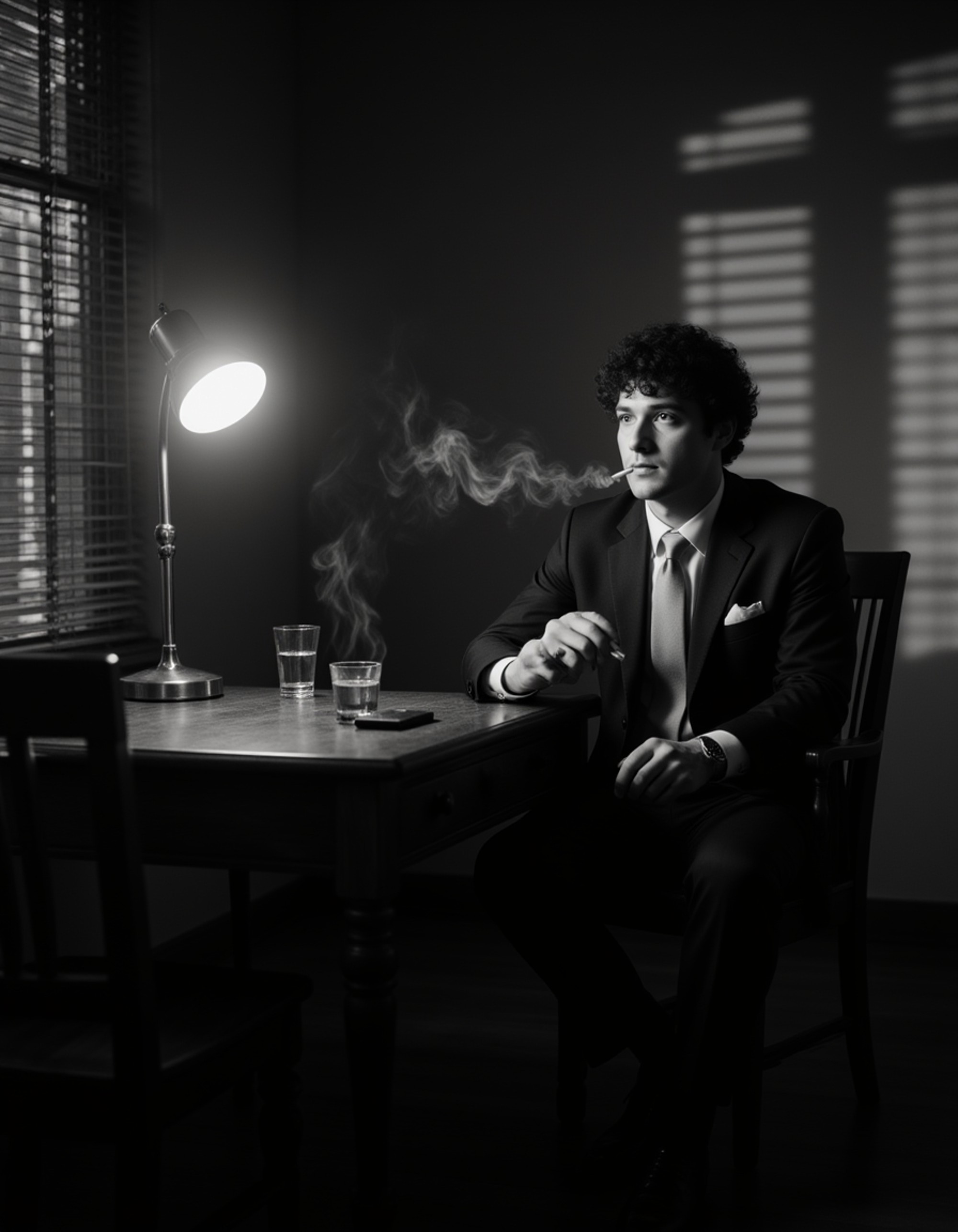 male model sitting in a vintage office behind a wooden desk, wearing a classic 1940s suit and tie, lamp light illuminating smoke from his cigarette, blinds creating striped shadows across the room, moody noir composition