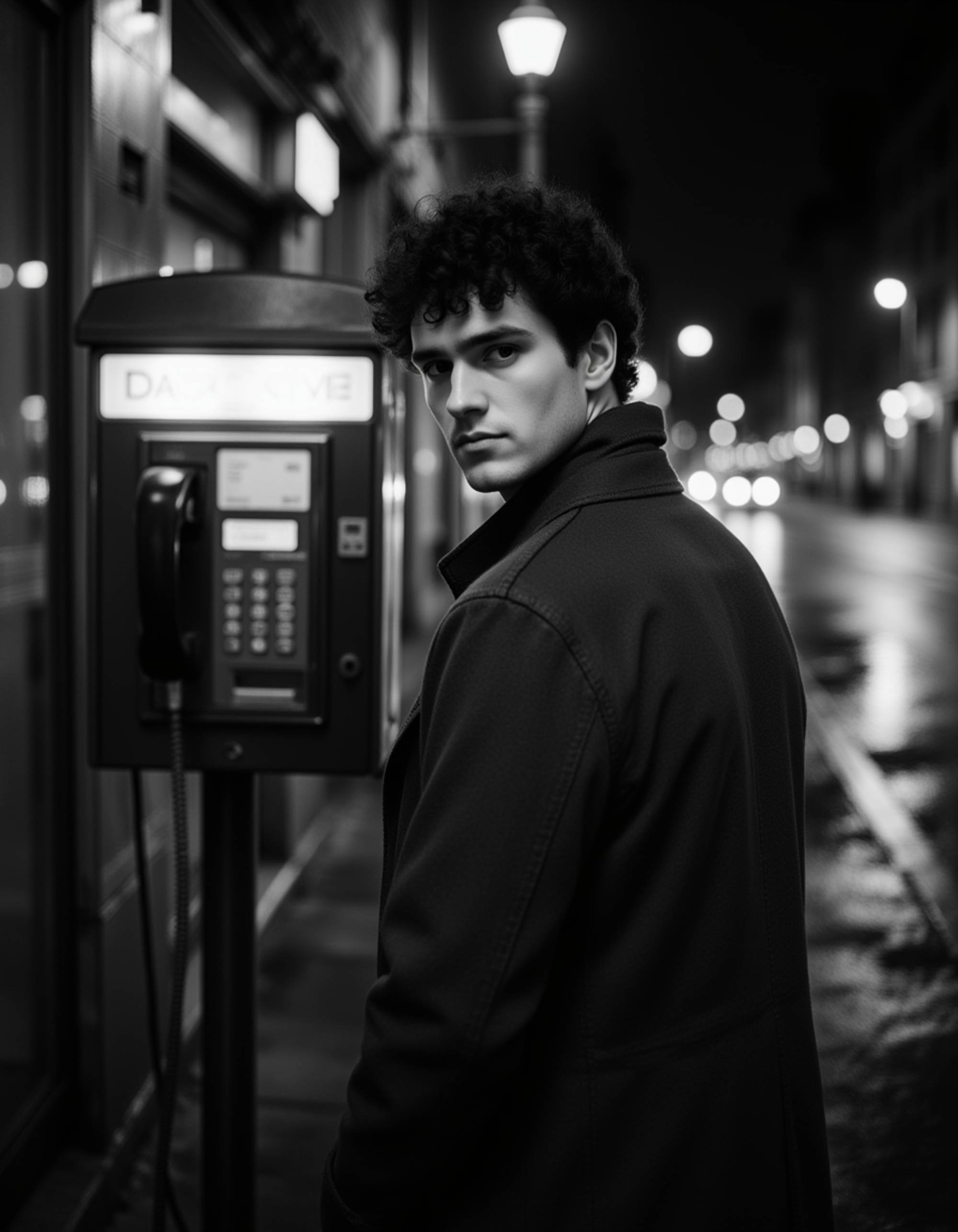 male model standing near a payphone on a deserted street, rain-soaked pavement reflecting city lights, trench coat collar turned up, mysterious expression, high-contrast black and white lighting in film noir style