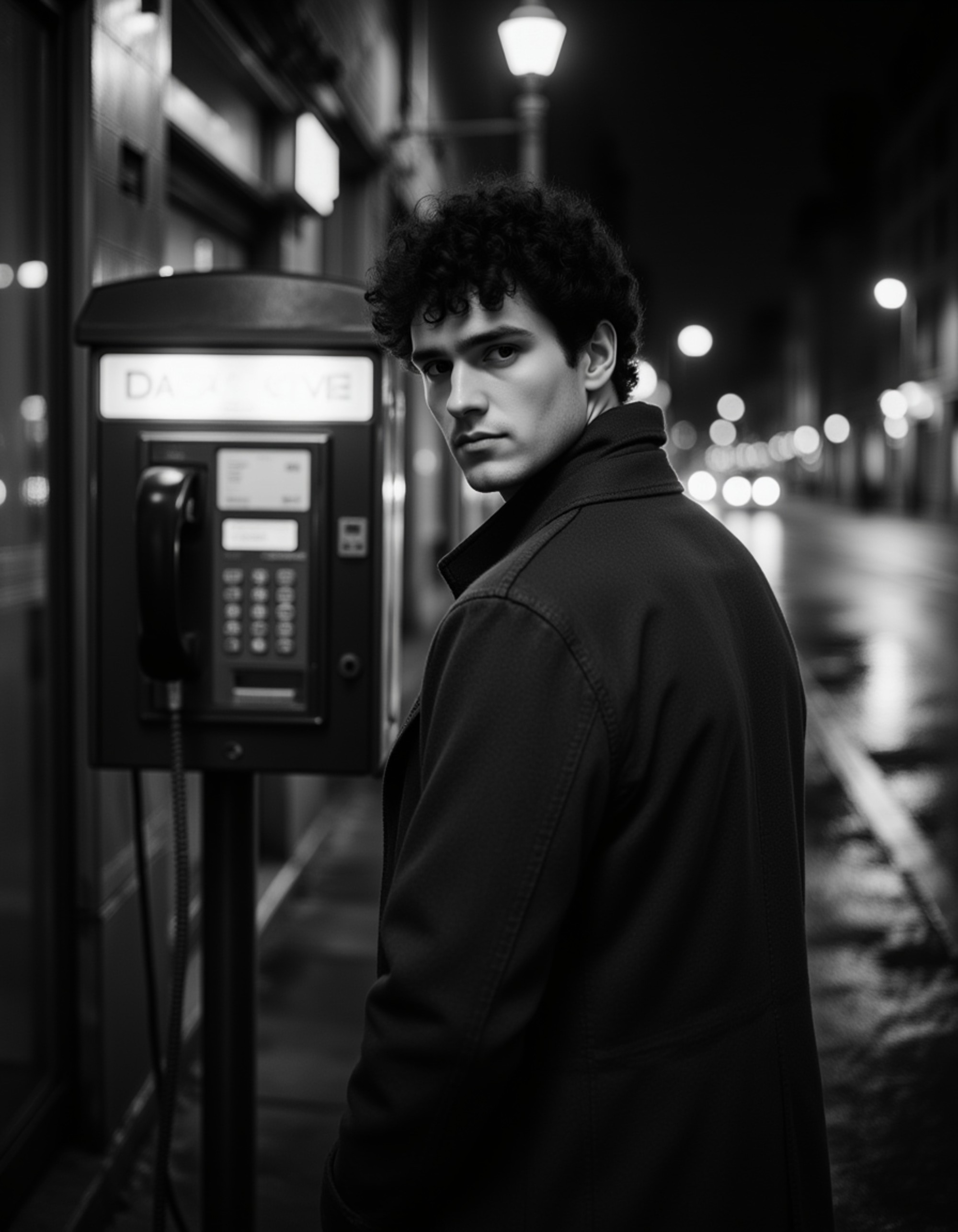 male model standing near a payphone on a deserted street, rain-soaked pavement reflecting city lights, trench coat collar turned up, mysterious expression, high-contrast black and white lighting in film noir style
