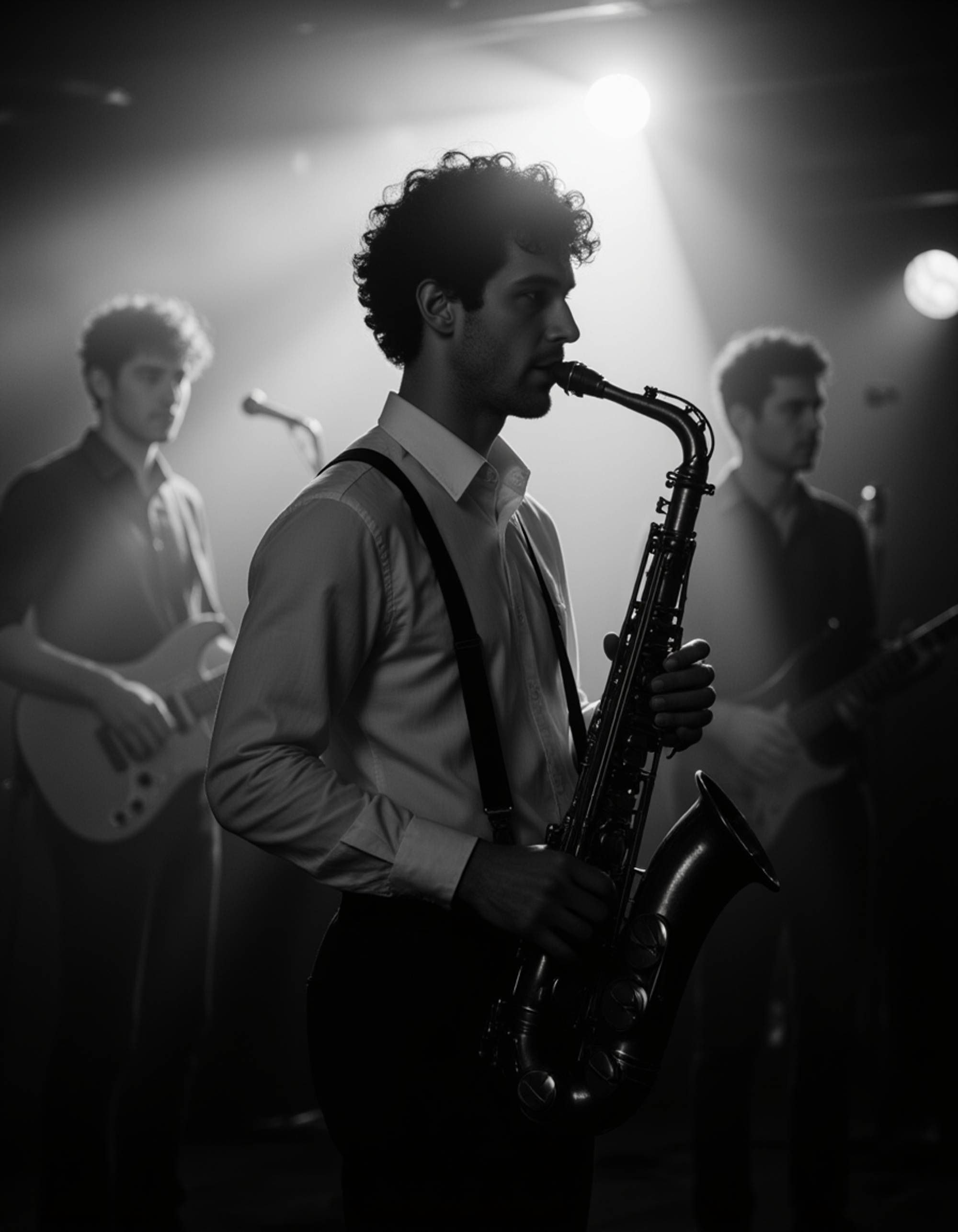 male model in a jazz club, wearing suspenders and holding a saxophone, faint stage light cutting through smoke, silhouettes of audience in the background, cinematic film noir ambiance in monochrome