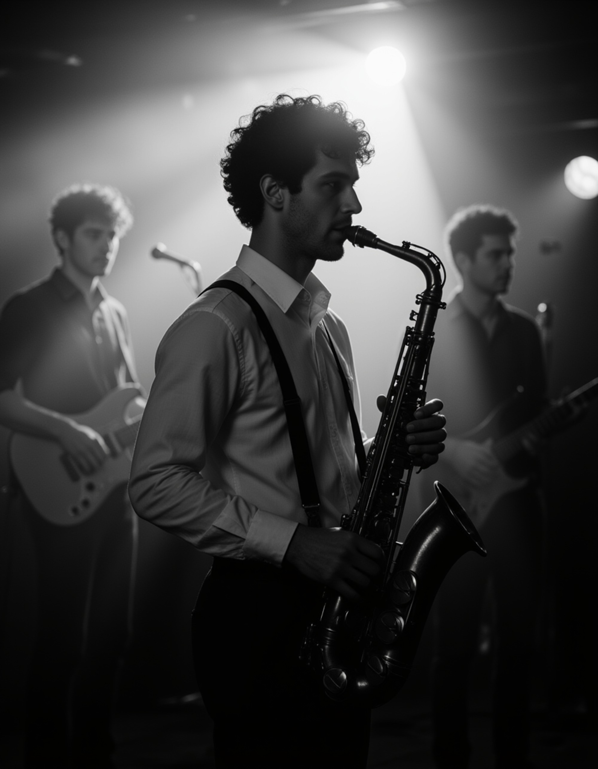 male model in a jazz club, wearing suspenders and holding a saxophone, faint stage light cutting through smoke, silhouettes of audience in the background, cinematic film noir ambiance in monochrome