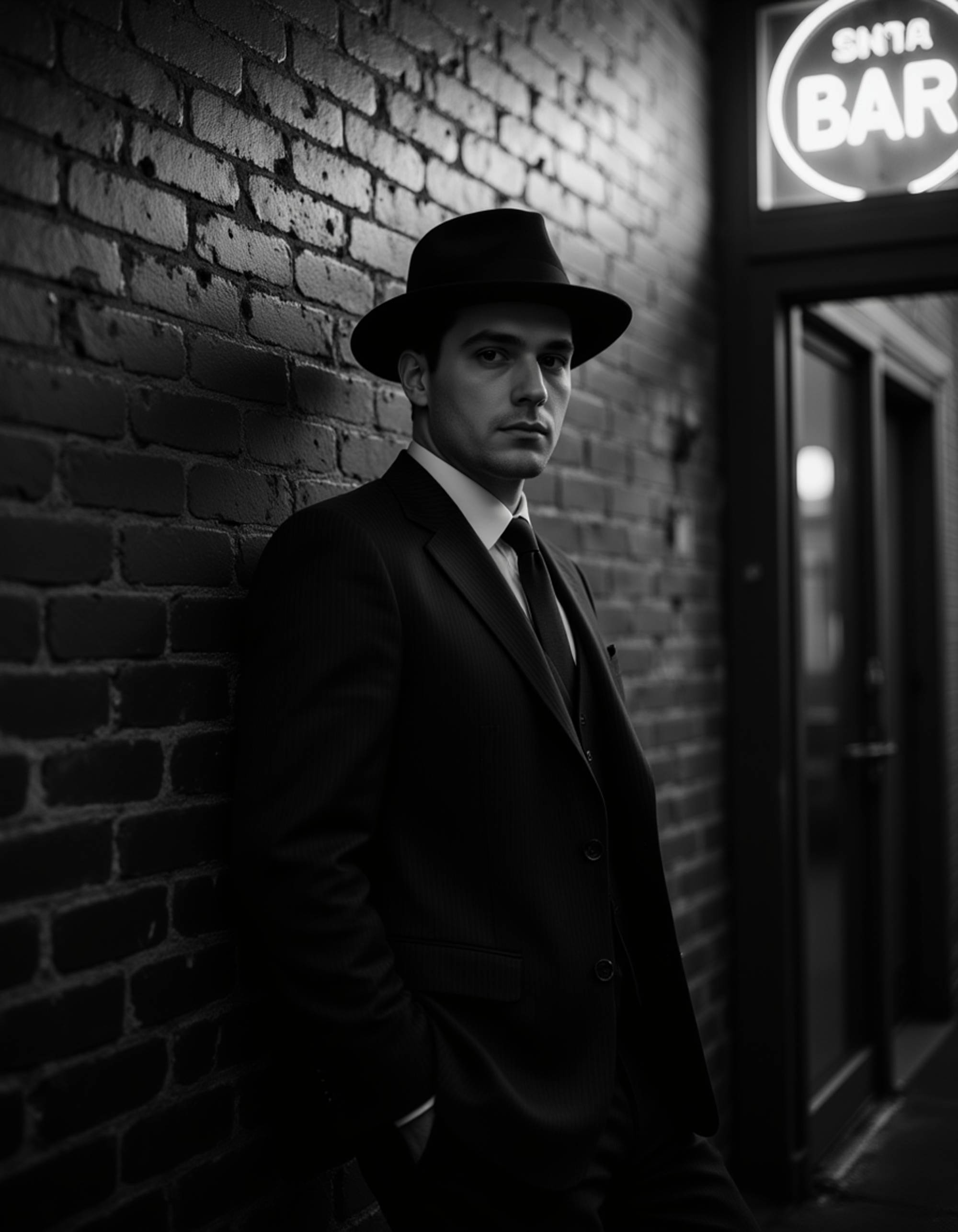 male model leaning against a brick wall under a neon bar sign, wearing a pinstripe suit and fedora, subtle rain mist and soft backlight outlining his silhouette, gritty 1940s black and white noir aesthetic