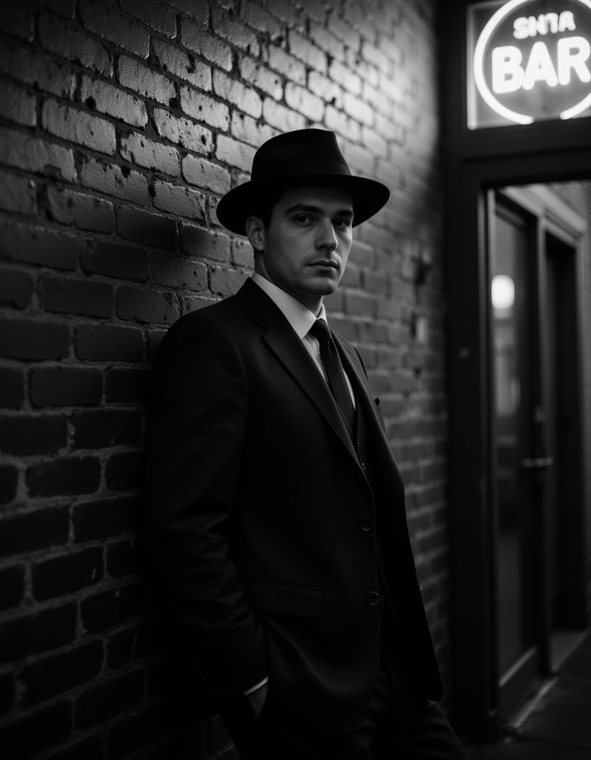 male model leaning against a brick wall under a neon bar sign, wearing a pinstripe suit and fedora, subtle rain mist and soft backlight outlining his silhouette, gritty 1940s black and white noir aesthetic