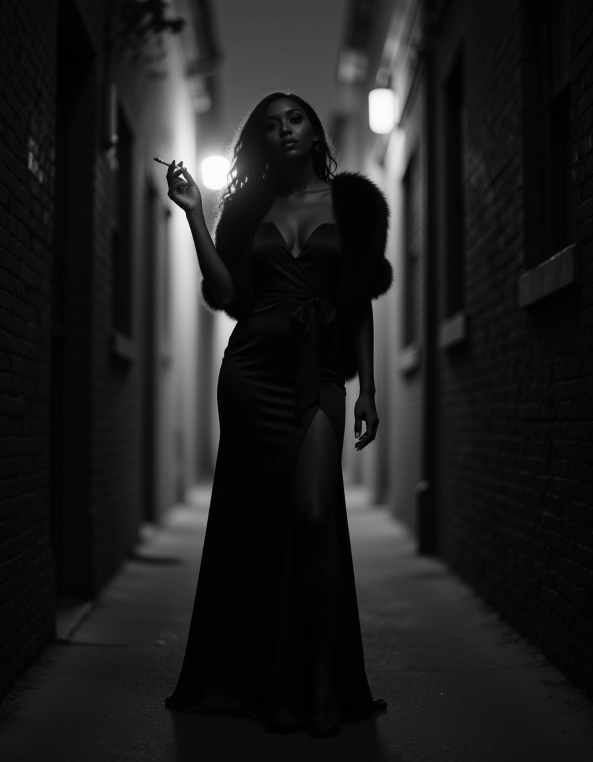 female model as a mysterious femme fatale standing in a narrow alley, wearing a long satin dress and fur stole, light from a streetlamp outlining her silhouette, cigarette in hand, moody black and white noir lighting