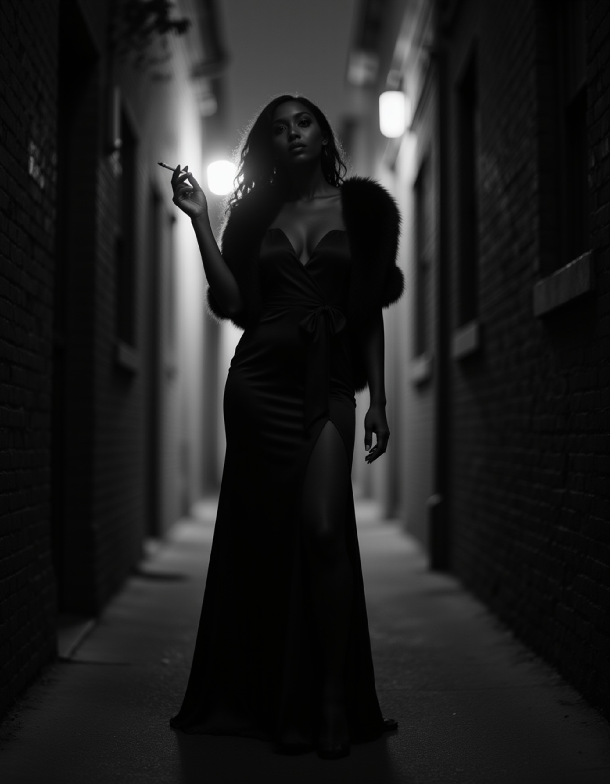 female model as a mysterious femme fatale standing in a narrow alley, wearing a long satin dress and fur stole, light from a streetlamp outlining her silhouette, cigarette in hand, moody black and white noir lighting