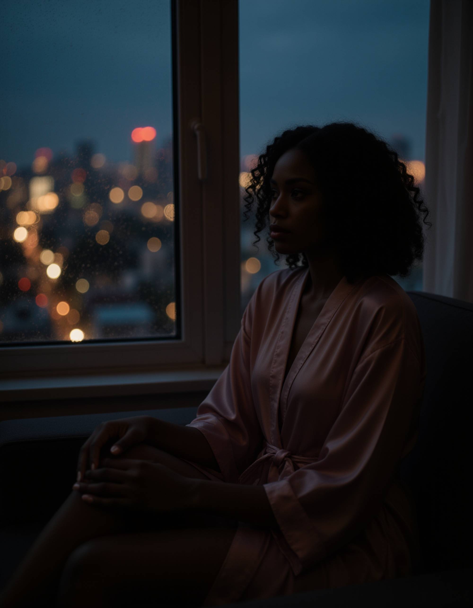 female model sitting by a rain-streaked window in a dim apartment, wearing a silk robe and vintage curls, city lights faintly glowing outside, deep shadows and dramatic composition in film noir style
