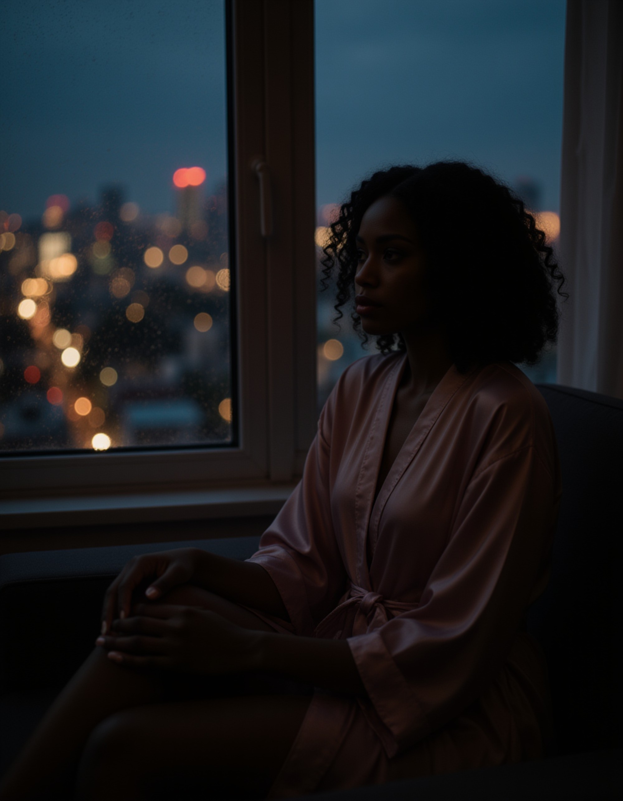female model sitting by a rain-streaked window in a dim apartment, wearing a silk robe and vintage curls, city lights faintly glowing outside, deep shadows and dramatic composition in film noir style
