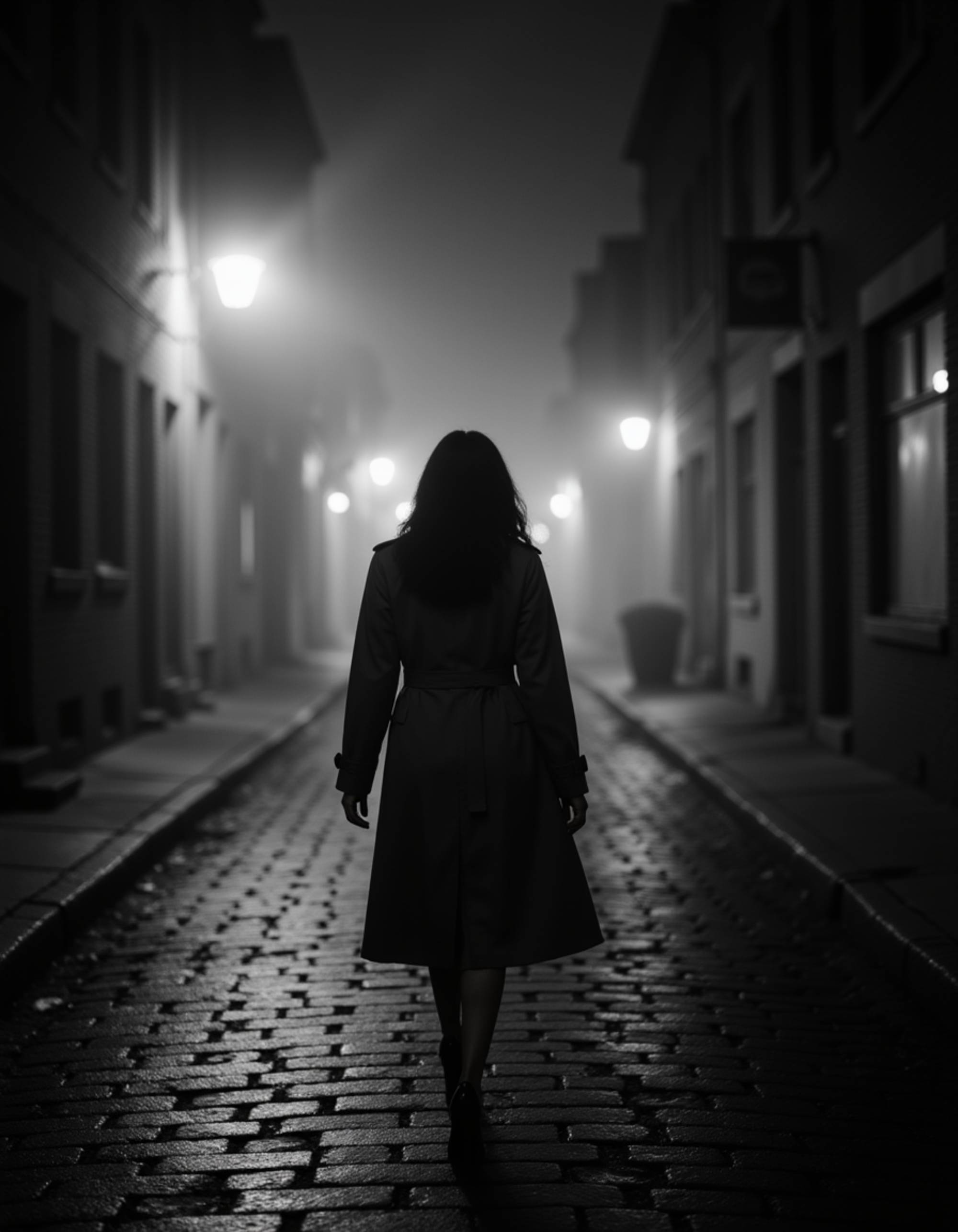 female model walking alone down a cobblestone street at night, wearing a trench coat and heels, fog surrounding her as she glances back, cinematic monochrome scene inspired by 1940s noir thrillers