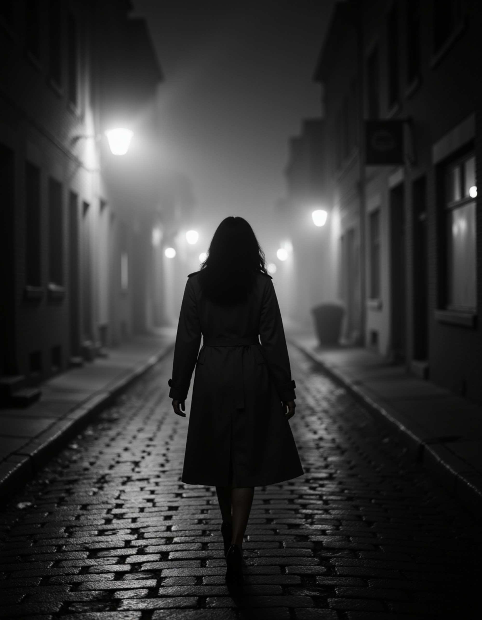 female model walking alone down a cobblestone street at night, wearing a trench coat and heels, fog surrounding her as she glances back, cinematic monochrome scene inspired by 1940s noir thrillers