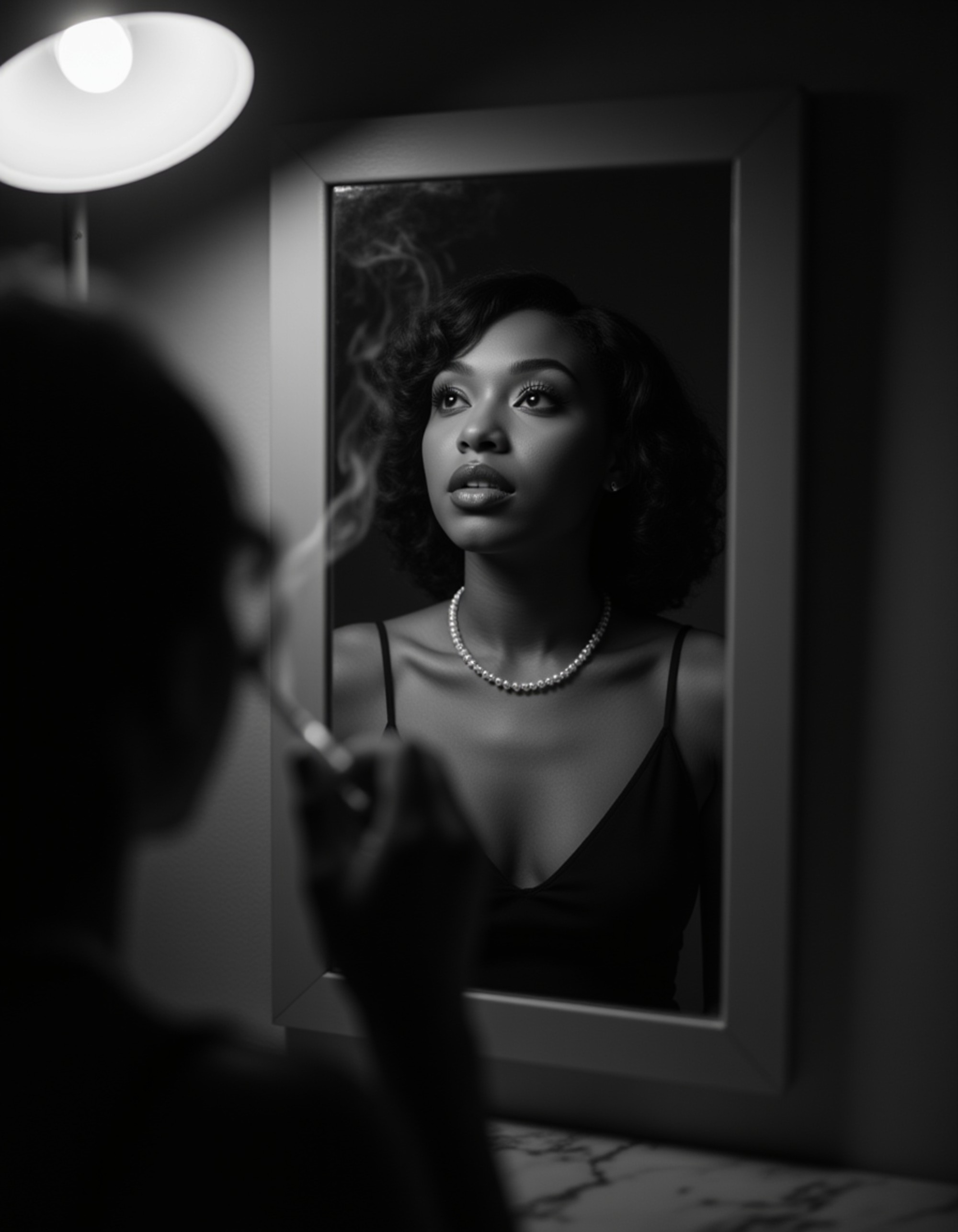 female model seated at a vanity mirror, adjusting her pearl necklace under dim lamp light, cigarette smoke curling in the air, reflection showing a hint of mystery, elegant and moody black and white film noir tone