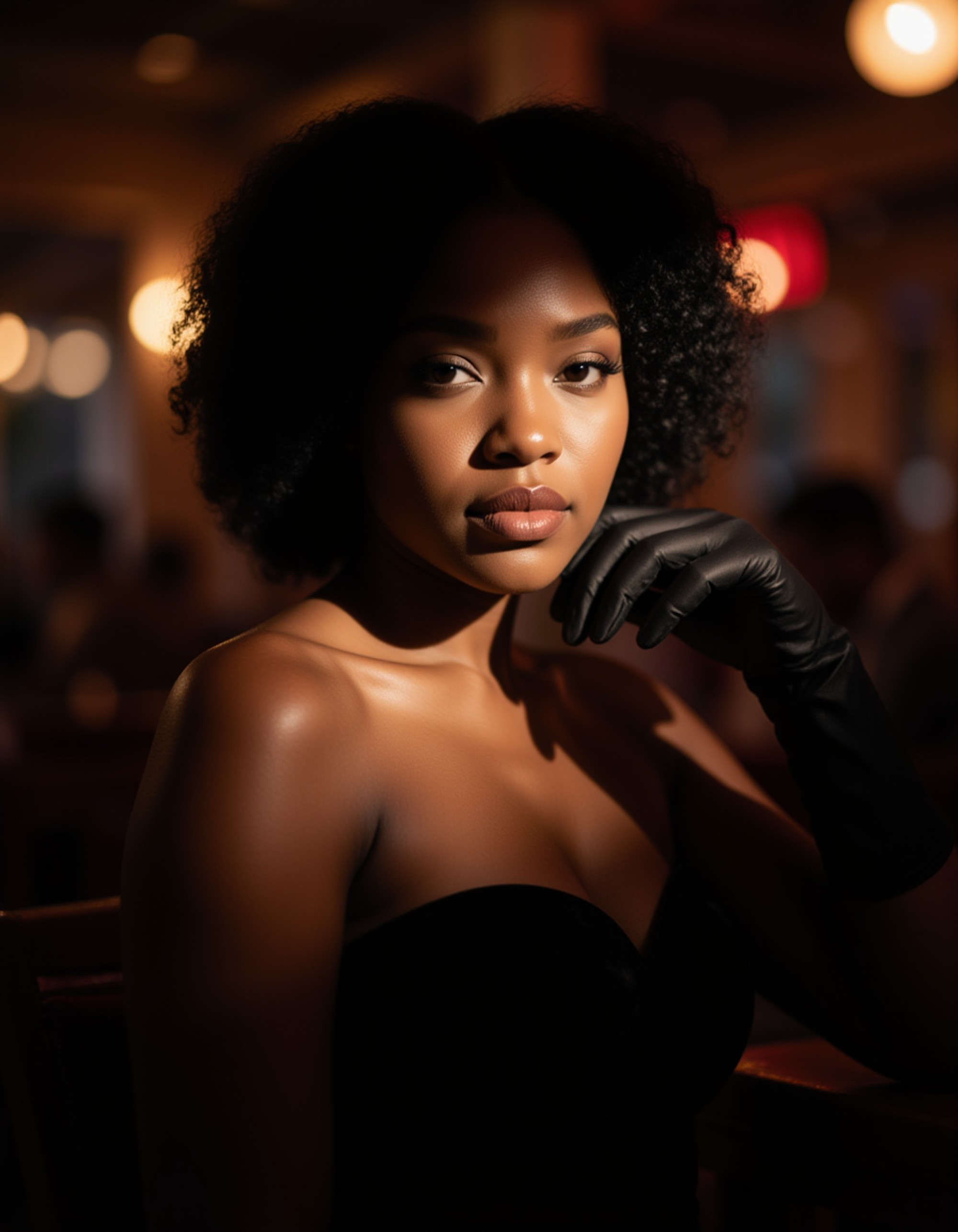 female model in a smoky jazz lounge, wearing a strapless velvet gown and gloves, spotlight casting dramatic highlights across her face, deep shadows and sultry atmosphere of a 1940s noir scene