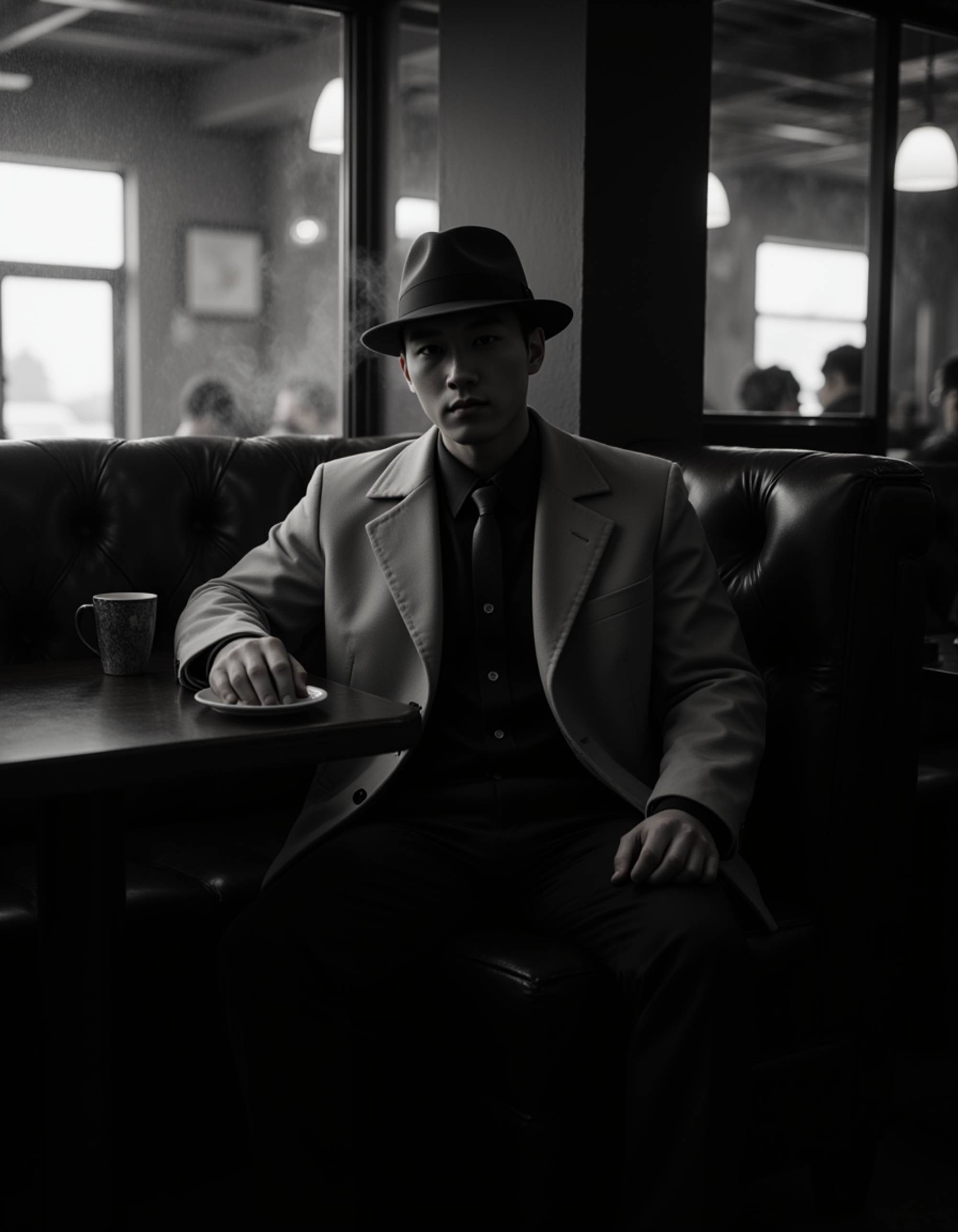 male model as a brooding detective sitting in a dimly lit diner, wearing a fedora and trench coat, coffee cup beside him, cigarette smoke rising through the neon reflections on the window, cinematic 1940s film noir style in black and white