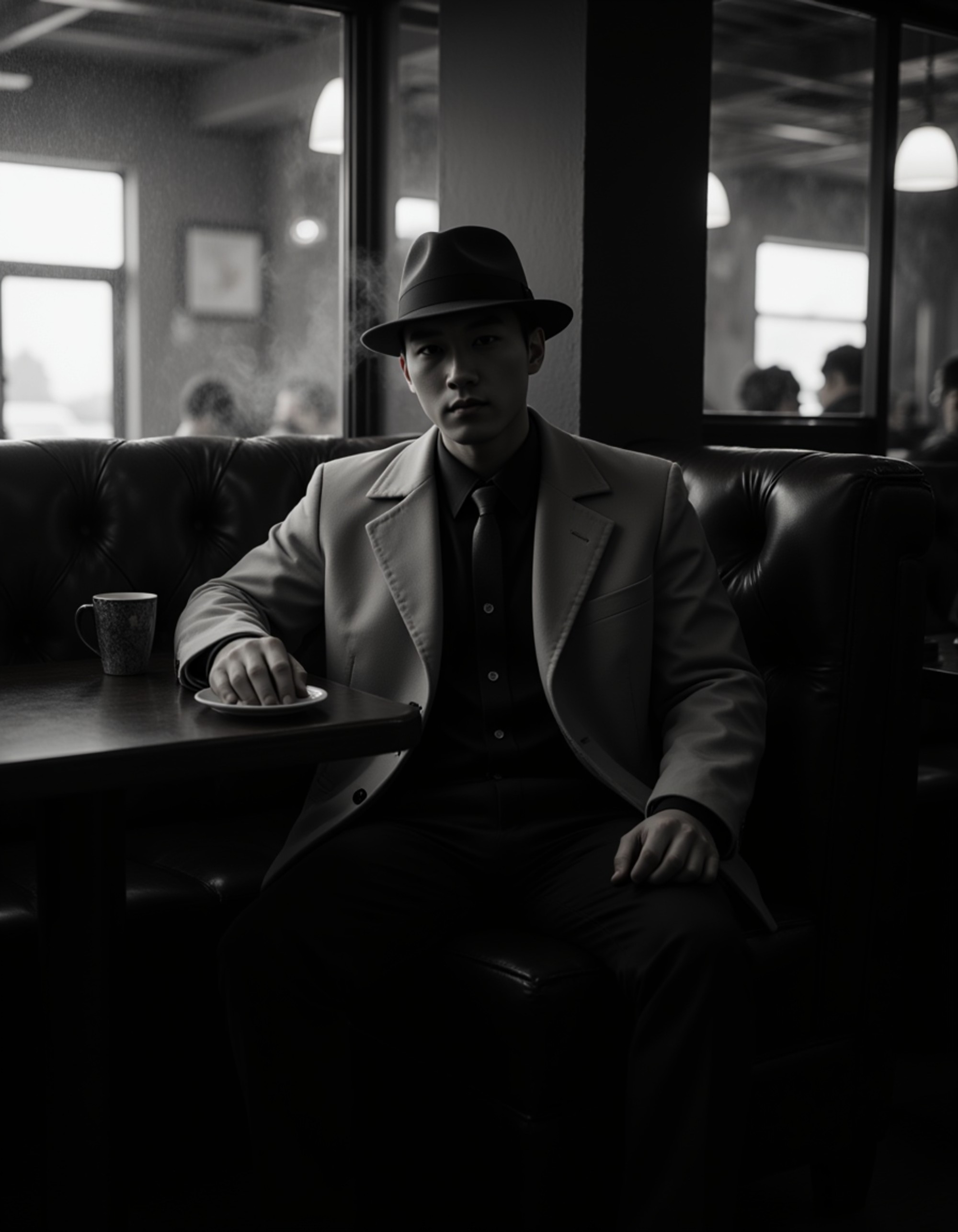 male model as a brooding detective sitting in a dimly lit diner, wearing a fedora and trench coat, coffee cup beside him, cigarette smoke rising through the neon reflections on the window, cinematic 1940s film noir style in black and white