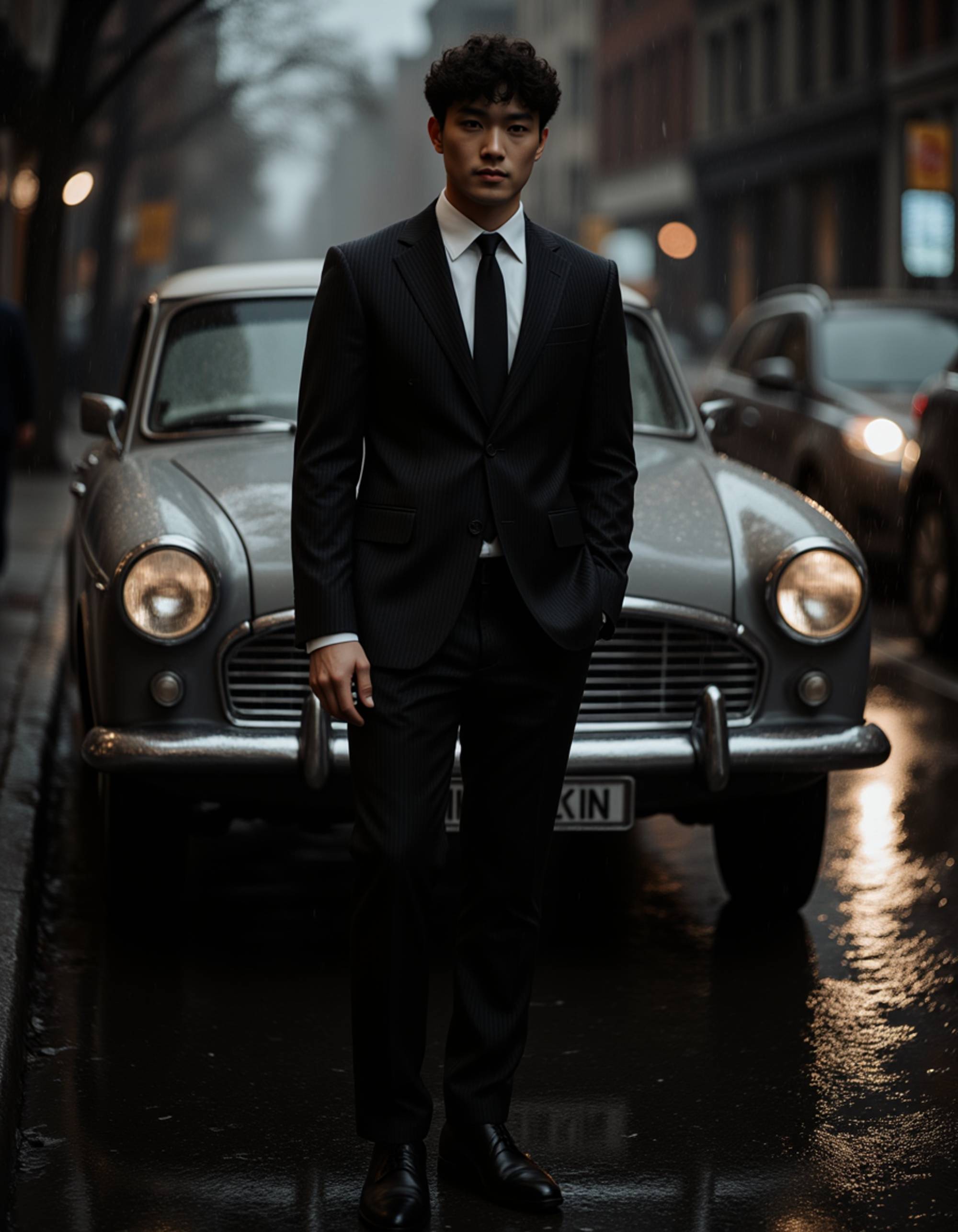 male model standing in front of a vintage car under the rain, wearing a pinstripe suit and tie, holding a cigarette, reflections shimmering on wet pavement, strong chiaroscuro lighting typical of noir photography