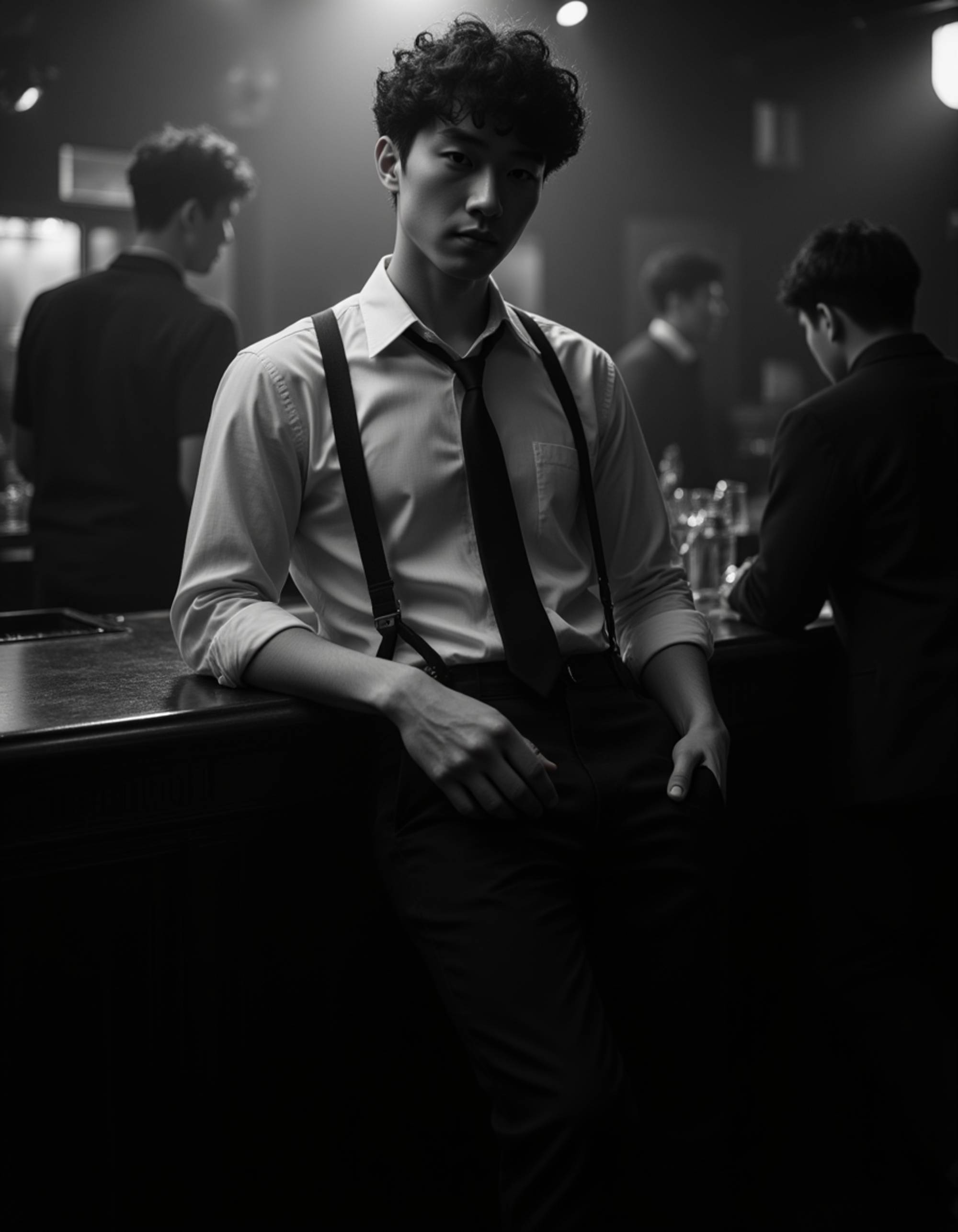 male model leaning on a bar counter in a smoky jazz club, wearing suspenders and a loosened tie, glass of whiskey in hand, shadows of musicians behind him, deep contrast and moody noir ambiance in black and white