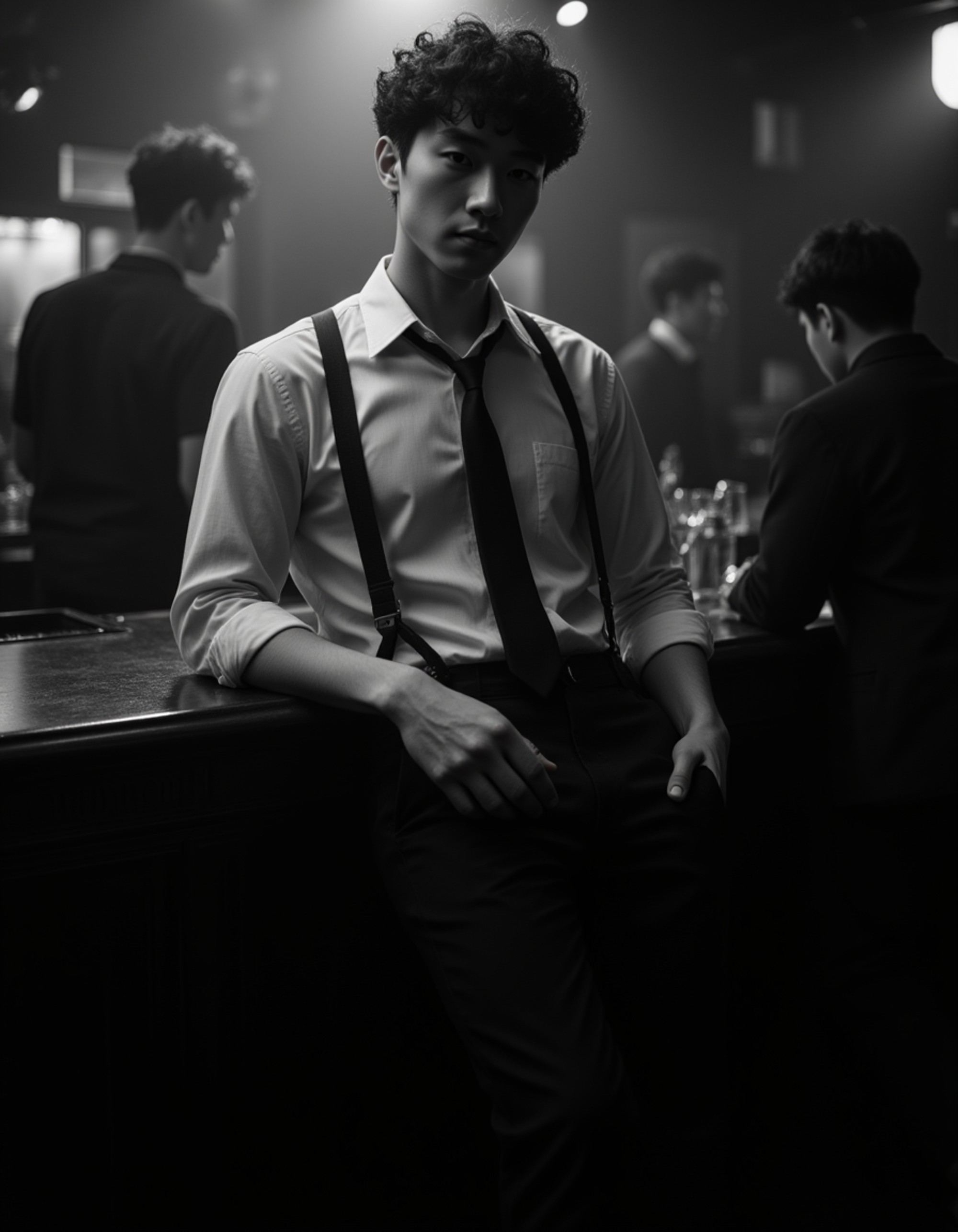 male model leaning on a bar counter in a smoky jazz club, wearing suspenders and a loosened tie, glass of whiskey in hand, shadows of musicians behind him, deep contrast and moody noir ambiance in black and white
