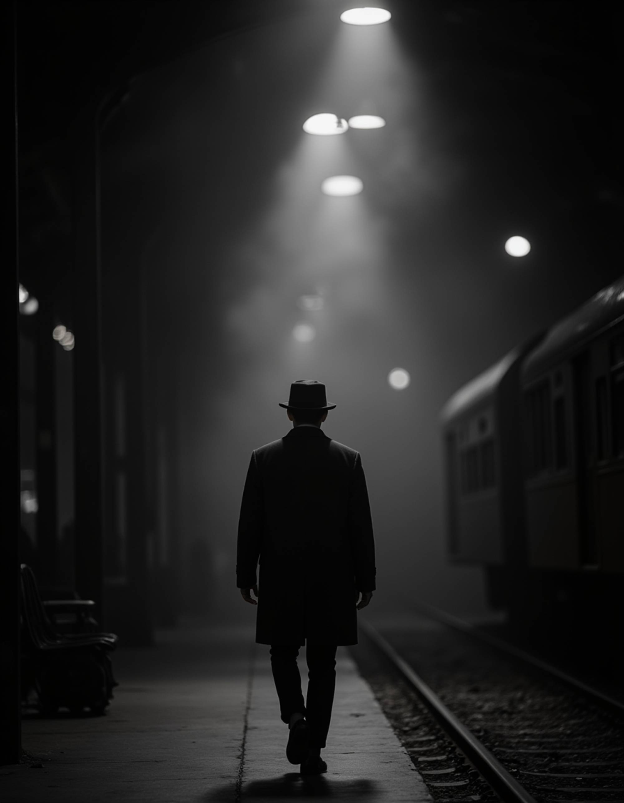 male model walking through an old train station at night, wearing a trench coat and hat, faint light illuminating the steam-filled air, mysterious and solitary mood, cinematic 1940s noir composition