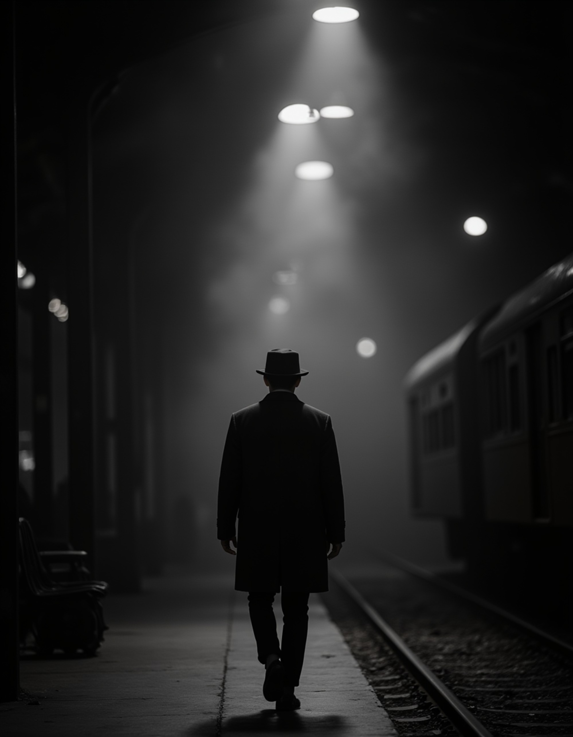 male model walking through an old train station at night, wearing a trench coat and hat, faint light illuminating the steam-filled air, mysterious and solitary mood, cinematic 1940s noir composition
