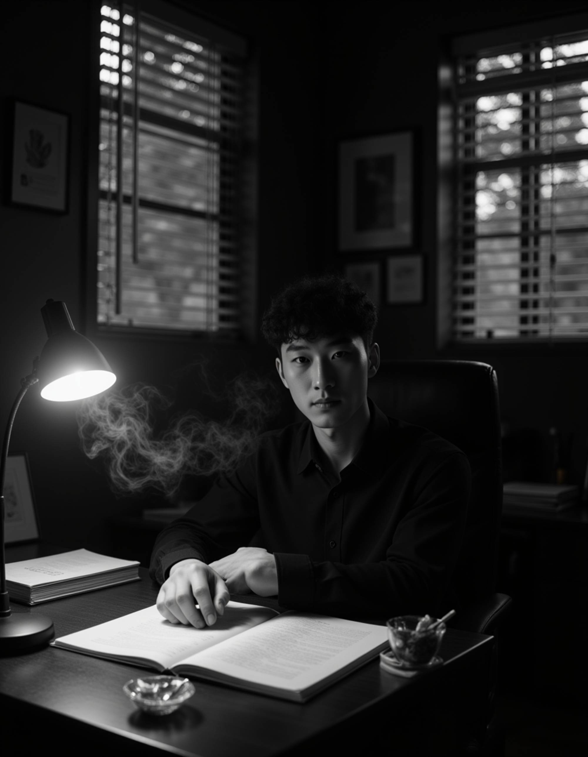 male model sitting at his desk under a single desk lamp, surrounded by old papers and an ashtray, cigarette smoke creating swirling patterns, strong venetian blind shadows across his face, classic black and white film noir photography