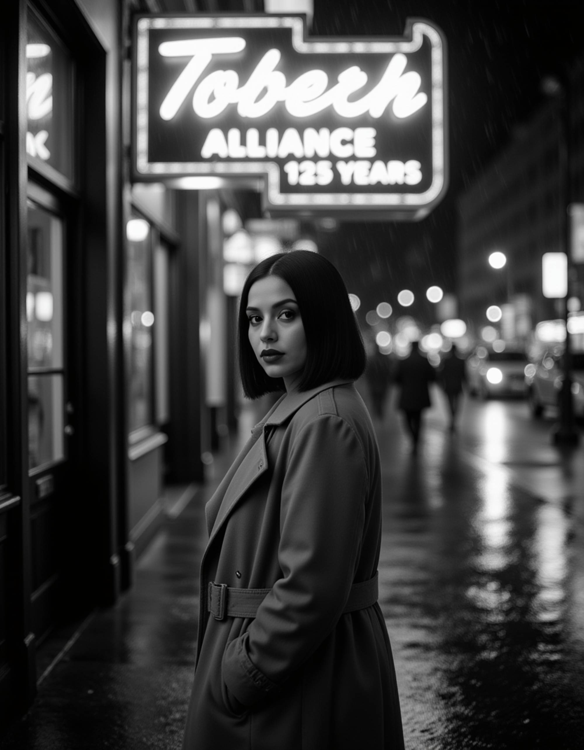 female model standing beneath a flickering neon sign in the rain, wearing a long trench coat and dark lipstick, reflections glistening on wet pavement, cinematic 1940s black and white film noir atmosphere
