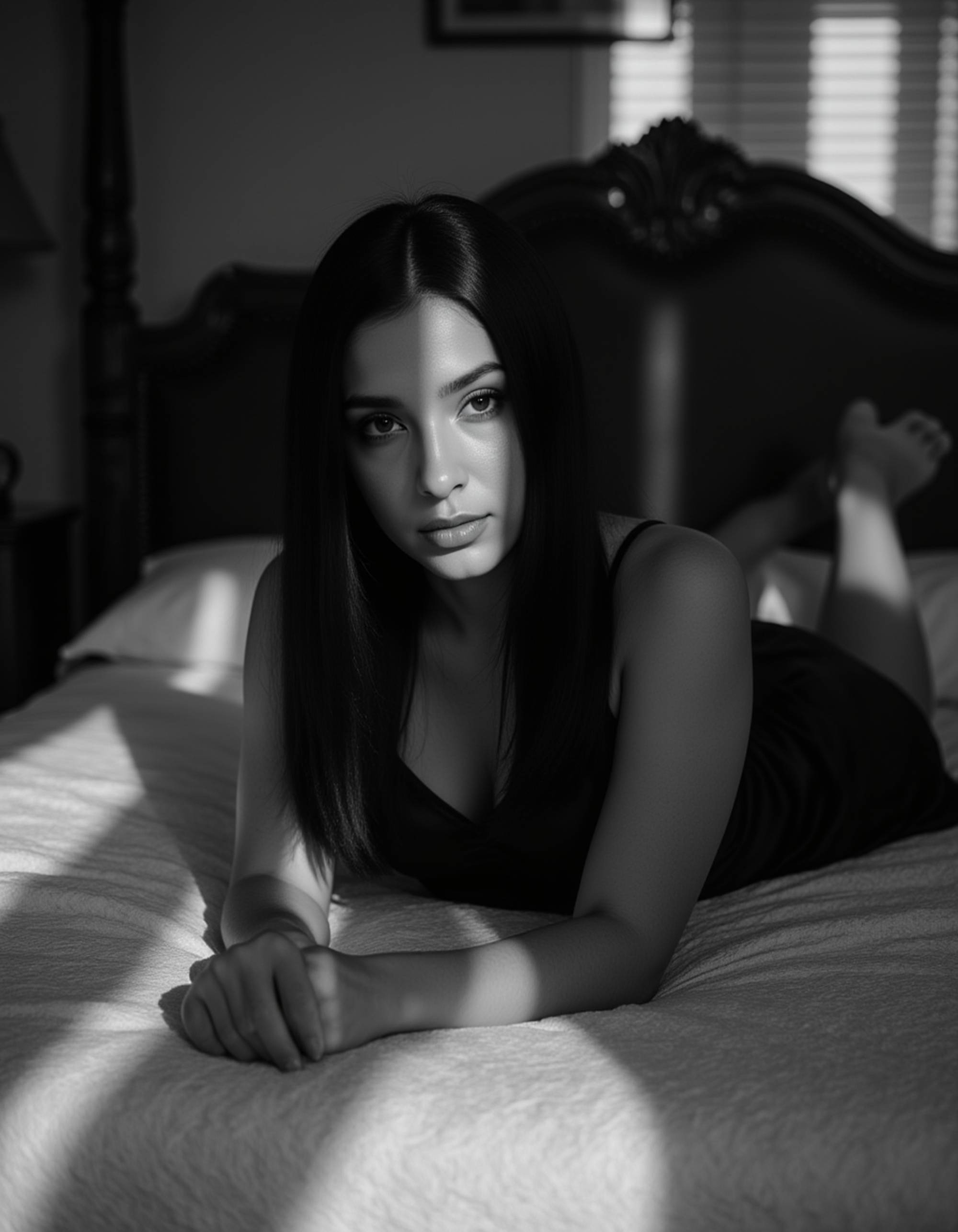 female model lying on a vintage bed with lace sheets, wearing a satin slip dress, blinds casting striped shadows over her face, expression filled with mystery and tension, moody black and white photography