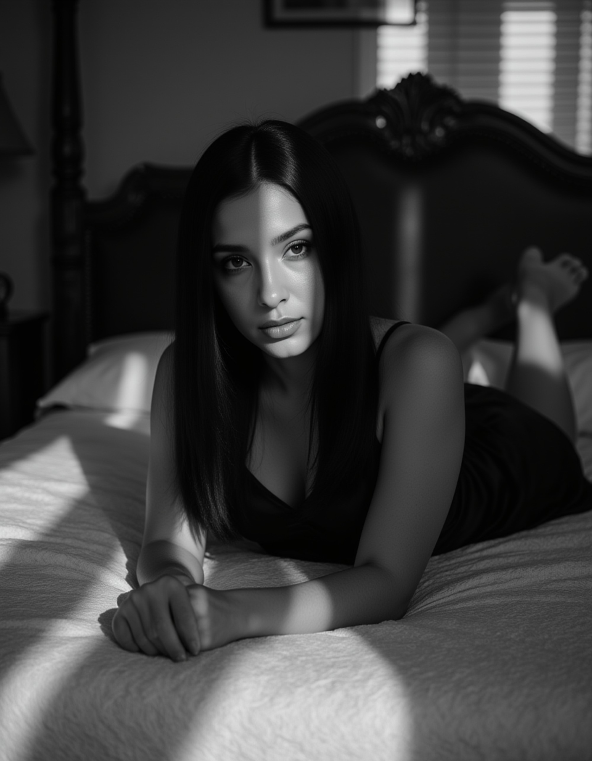 female model lying on a vintage bed with lace sheets, wearing a satin slip dress, blinds casting striped shadows over her face, expression filled with mystery and tension, moody black and white photography