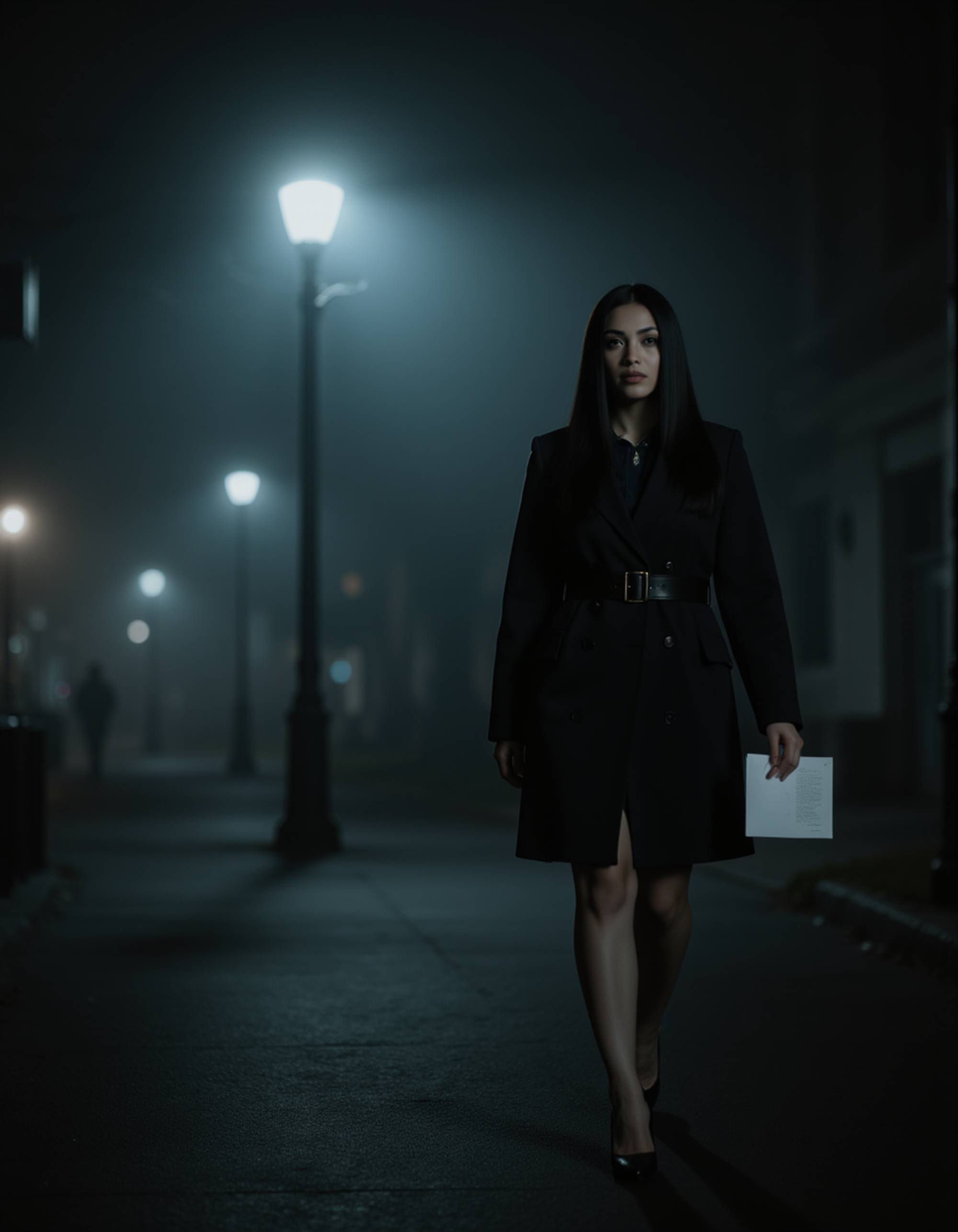 female model walking down a fog-covered street at night, clutching a letter in her hand, wearing a belted coat and heels, faint glow from a lamppost behind her, elegant noir mood with deep contrast lighting