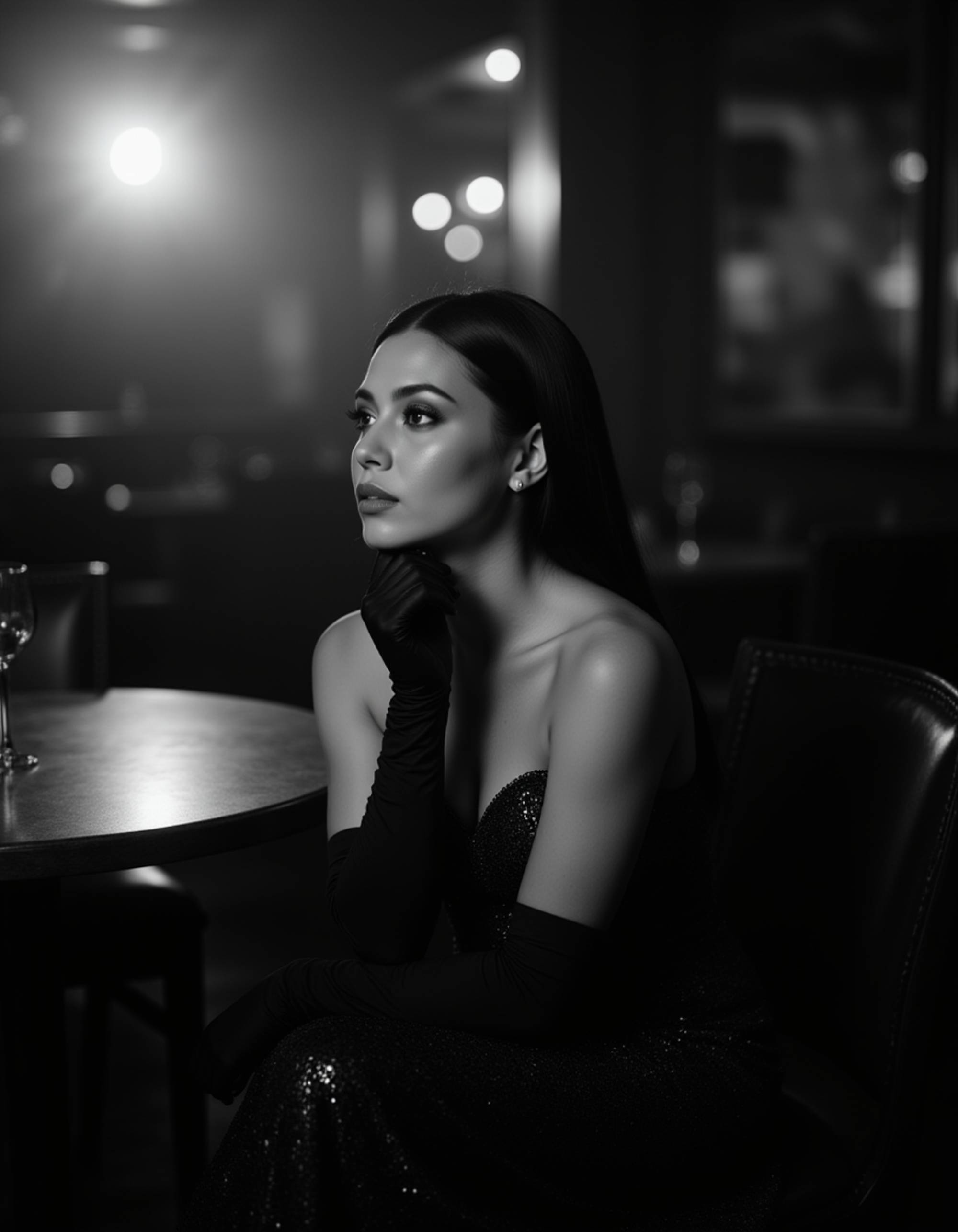 female model sitting in a smoky jazz lounge, wearing a shimmering gown and gloves, resting her chin on her hand as she stares off thoughtfully, spotlight revealing soft highlights and sharp shadows in monochrome