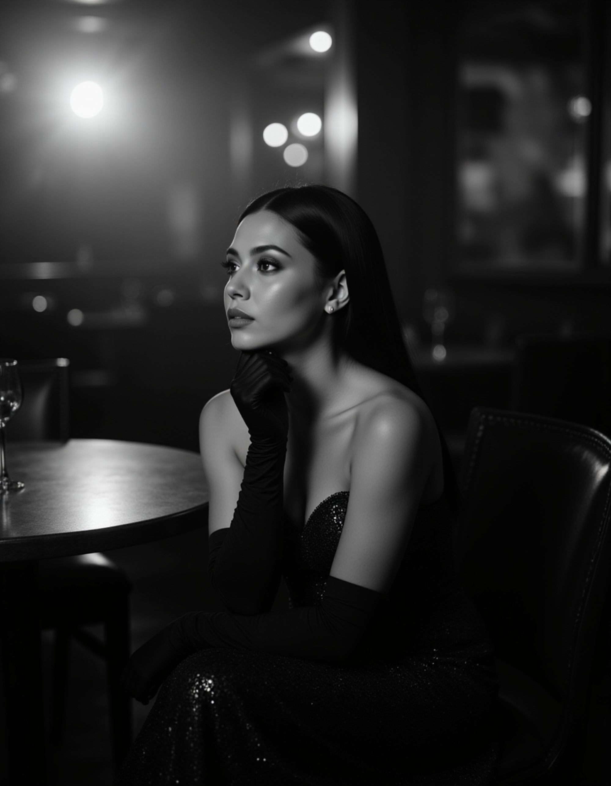 female model sitting in a smoky jazz lounge, wearing a shimmering gown and gloves, resting her chin on her hand as she stares off thoughtfully, spotlight revealing soft highlights and sharp shadows in monochrome