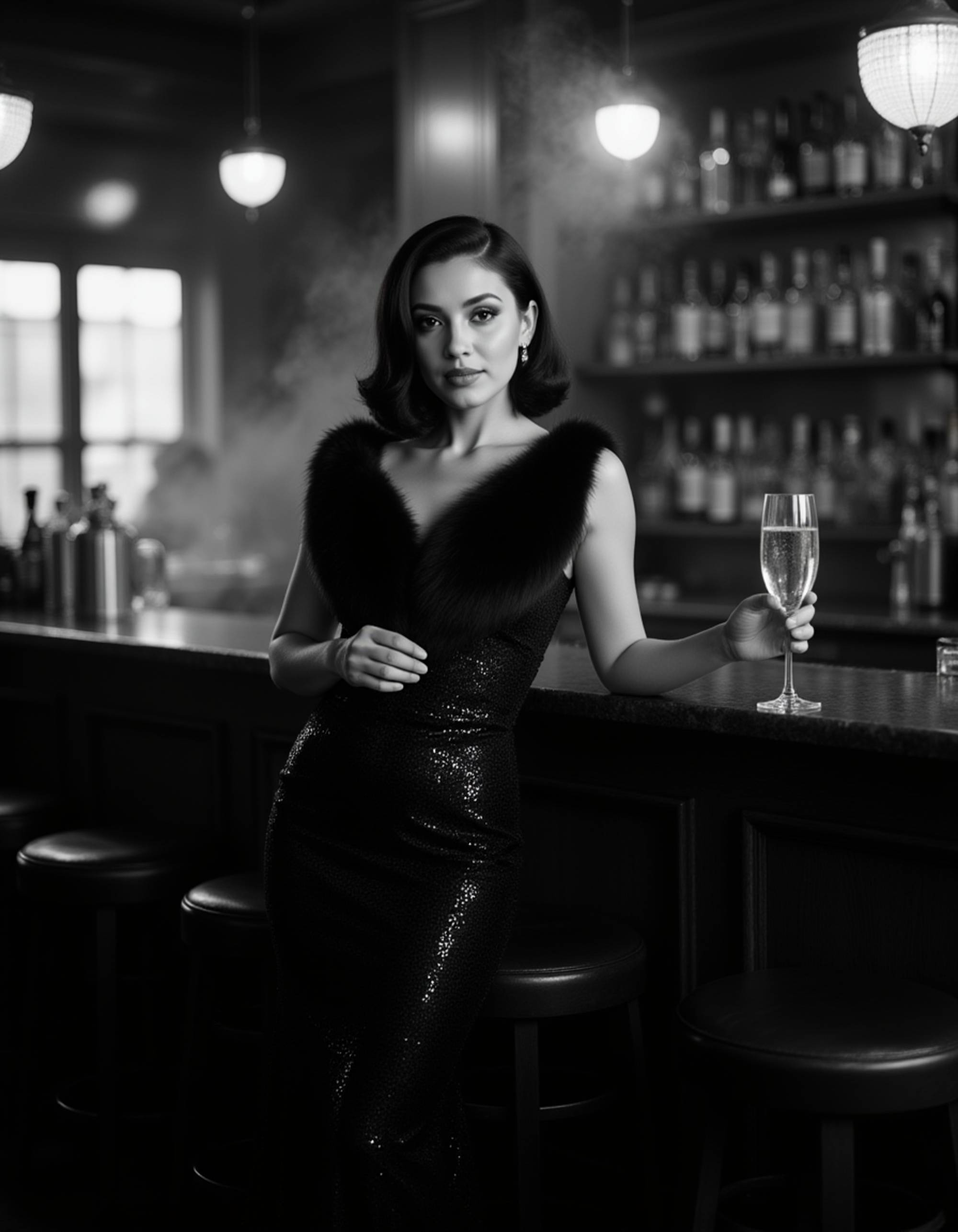 female model standing at a vintage bar counter, wearing a sequined evening gown and fur stole, glass of champagne in hand, smoke drifting through dim light, glamorous 1940s film noir composition in black and white