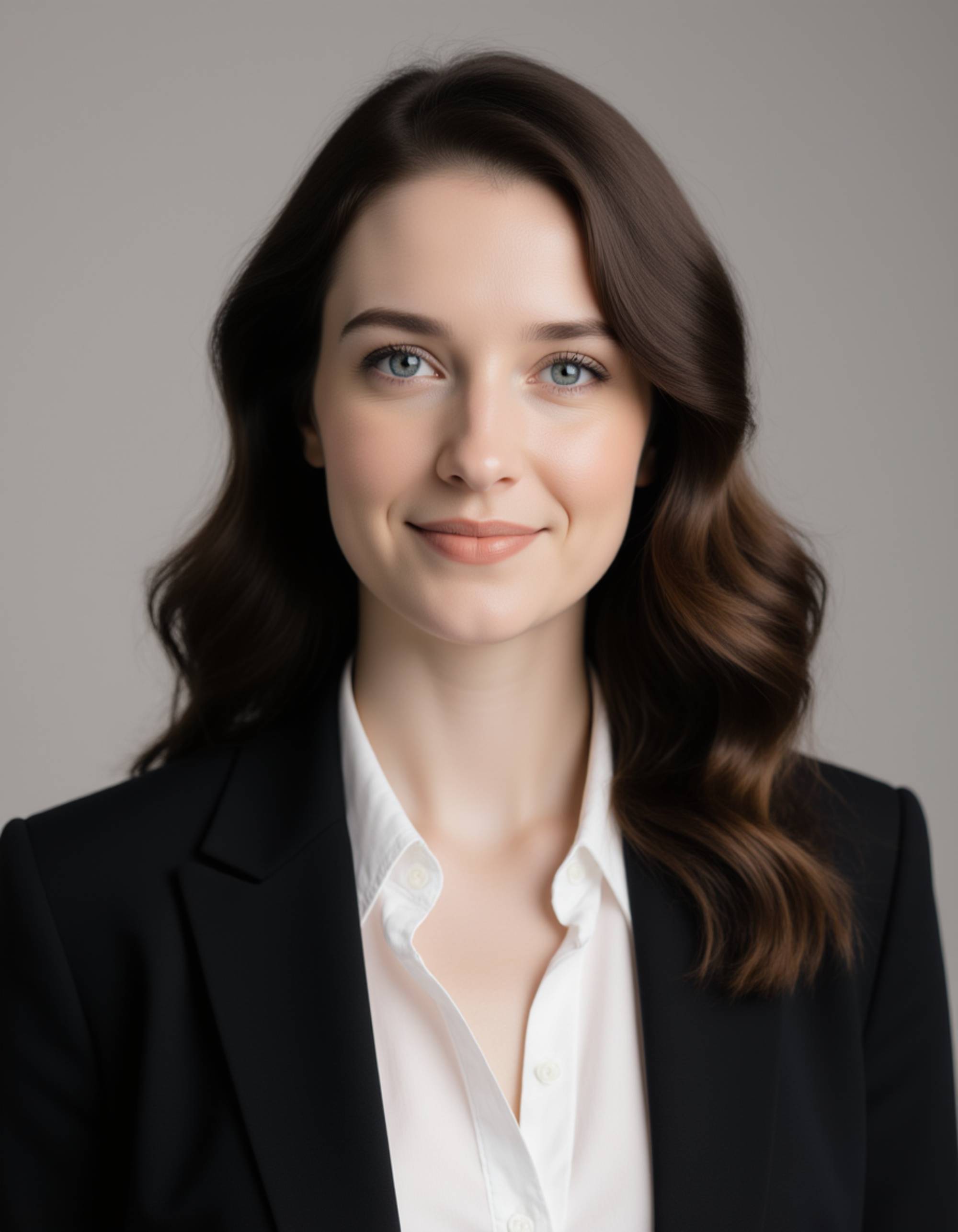 professional LinkedIn headshot, model wearing an elegant blouse and blazer, subtle makeup, confident smile, soft studio lighting, neutral gray background, crisp focus, polished corporate style