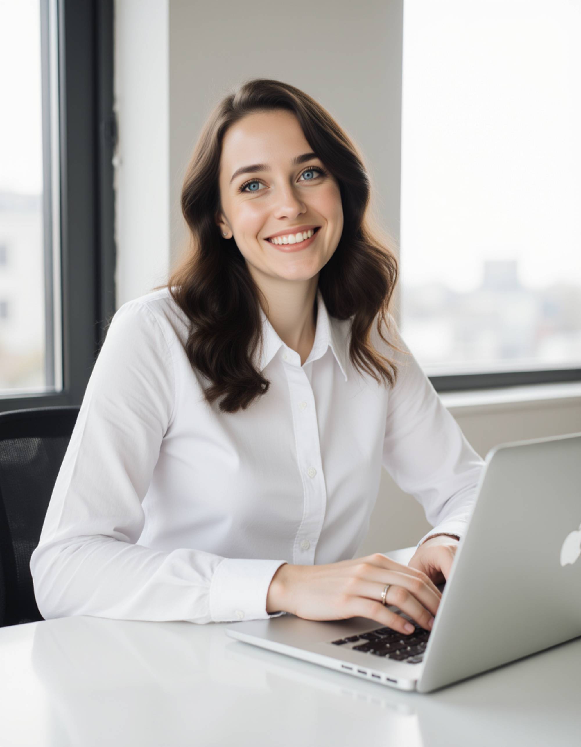 high-resolution headshot, model sitting at an office desk with a laptop, wearing a formal shirt and minimal jewelry, natural daylight from a window, clean professional composition, modern business aesthetic