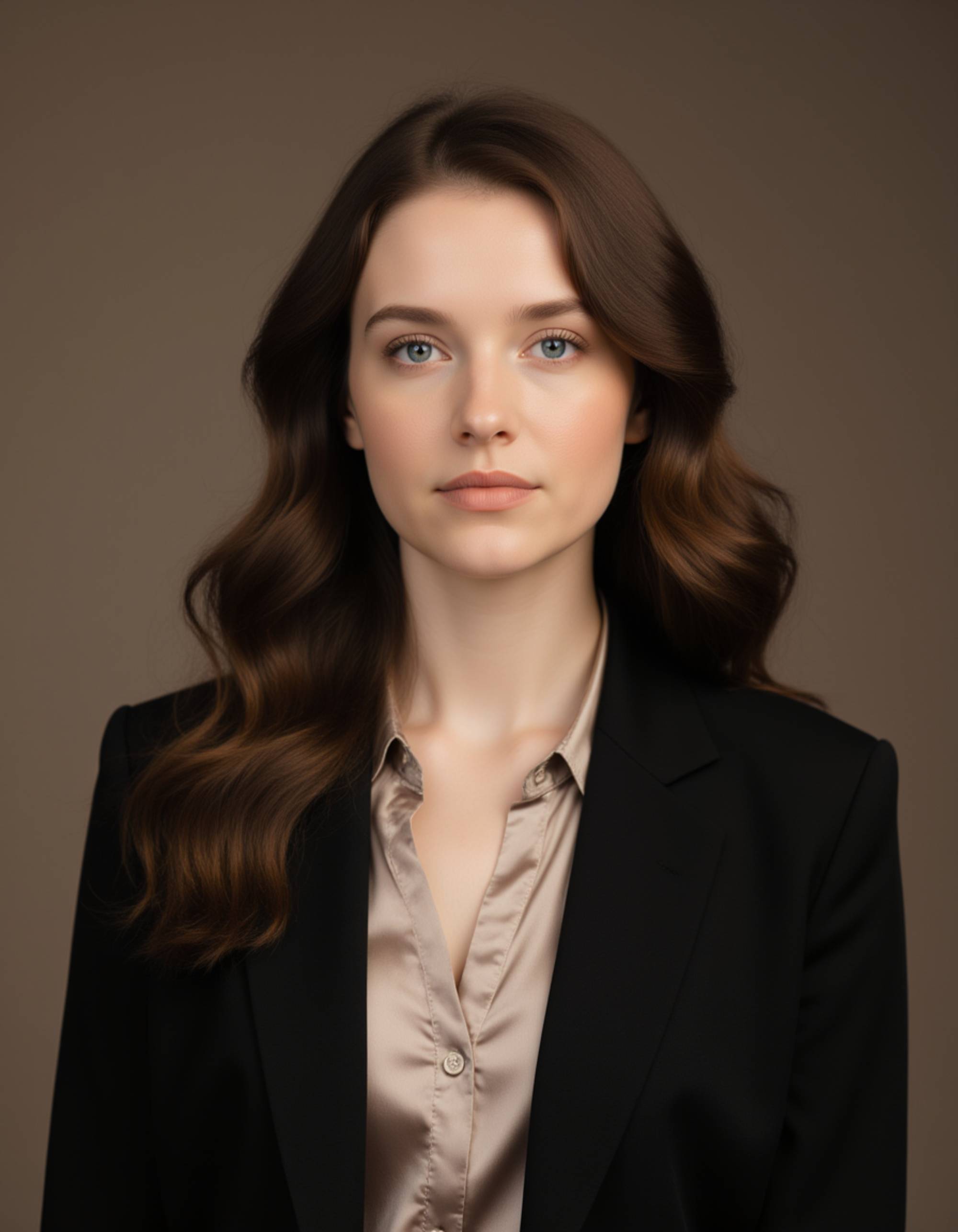 8k professional portrait, model in a tailored blazer over a silk blouse, soft curls, warm lighting, studio background, approachable yet confident look, LinkedIn-ready composition