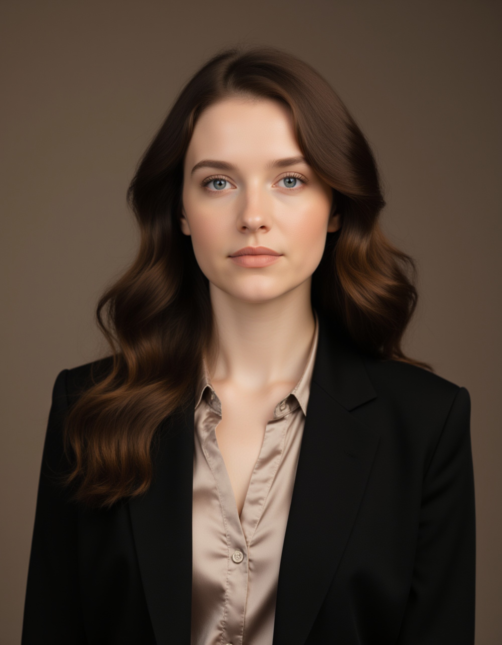 8k professional portrait, model in a tailored blazer over a silk blouse, soft curls, warm lighting, studio background, approachable yet confident look, LinkedIn-ready composition
