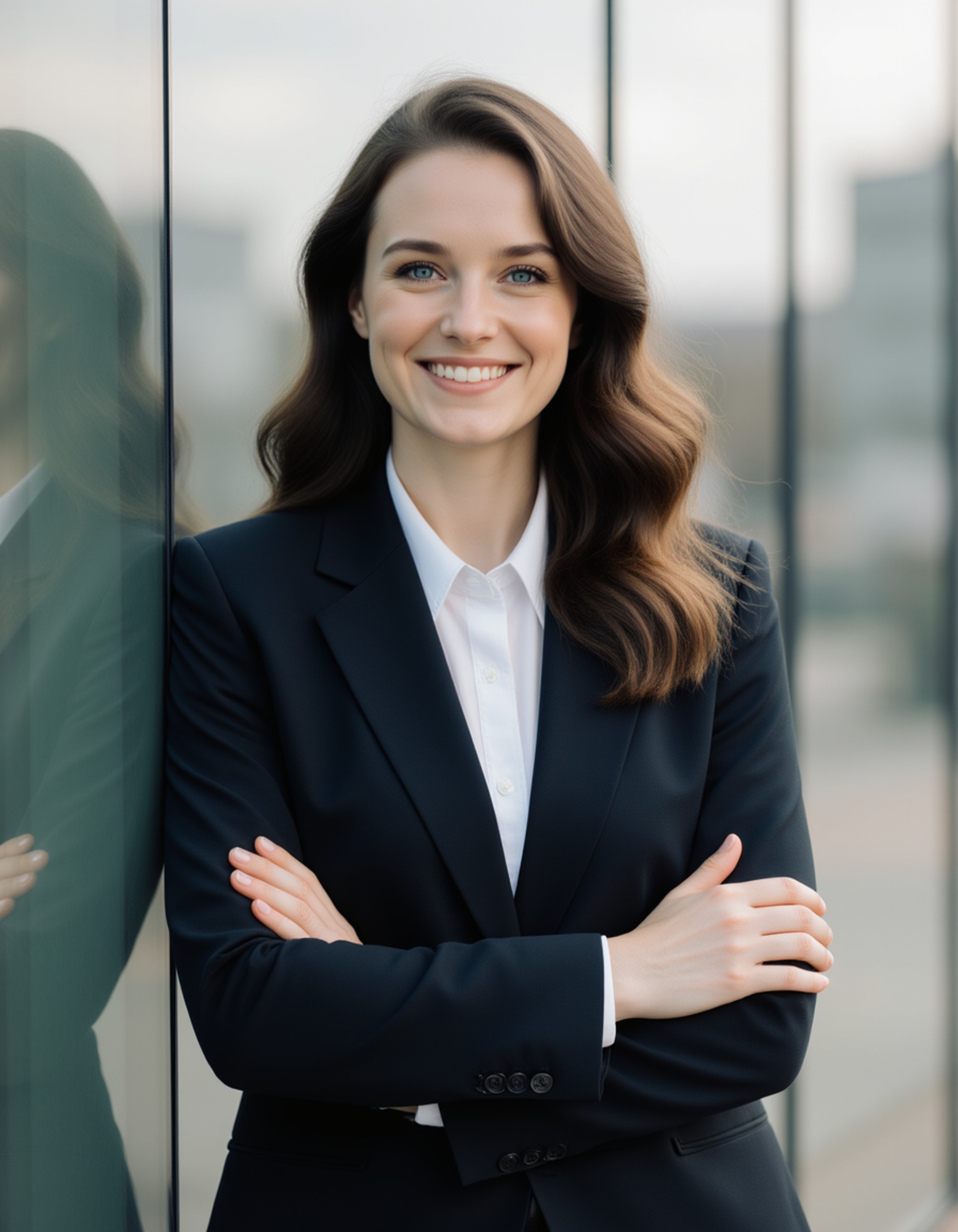 corporate headshot, model wearing a professional suit jacket, arms crossed, subtle smile, blurred cityscape background through office glass, soft directional light highlighting facial features