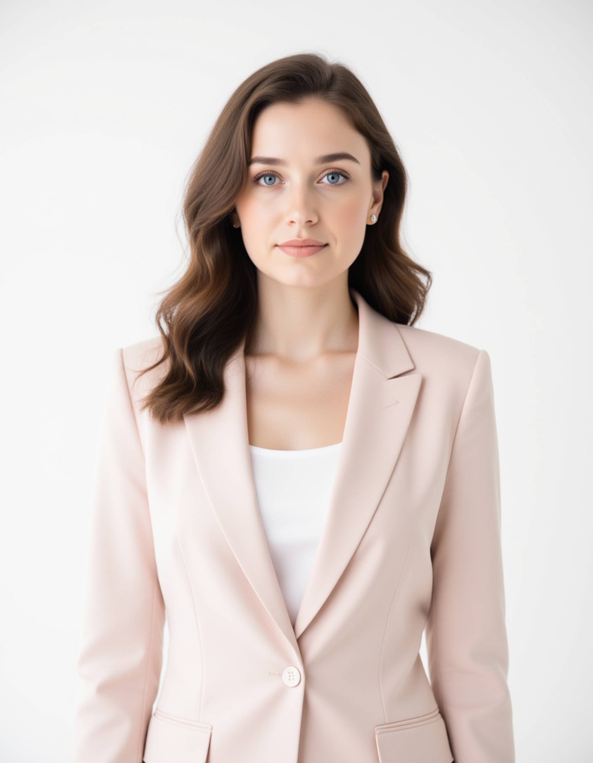 studio headshot, model with tidy hairstyle and natural makeup, wearing pastel business attire, clean white backdrop, balanced exposure, modern executive tone, professional branding photo