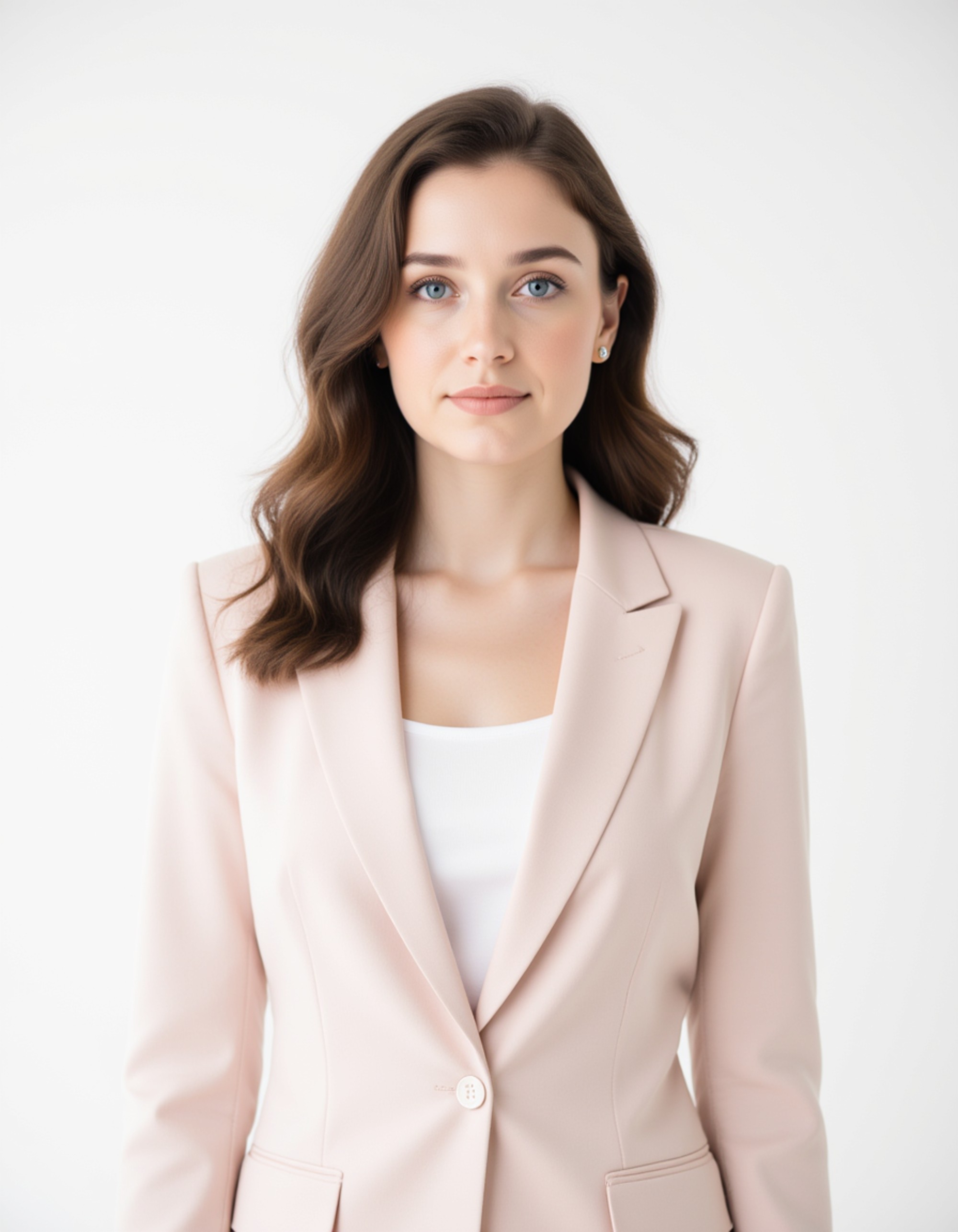studio headshot, model with tidy hairstyle and natural makeup, wearing pastel business attire, clean white backdrop, balanced exposure, modern executive tone, professional branding photo