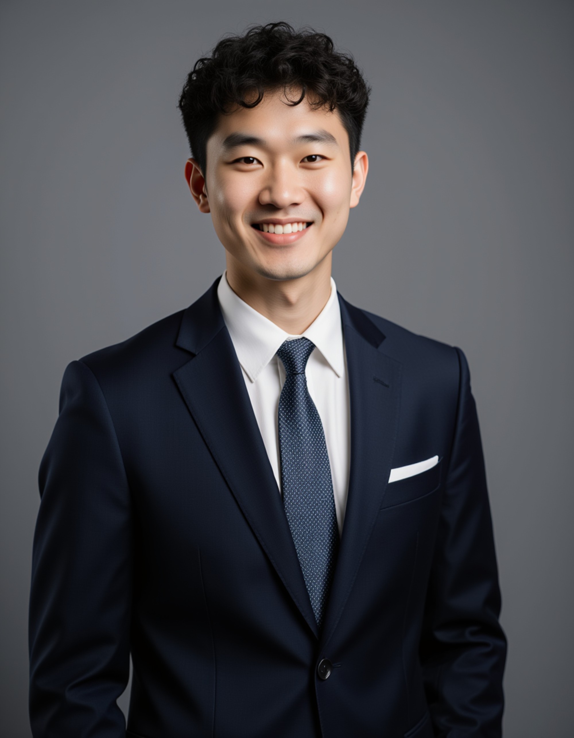 professional LinkedIn headshot, model wearing a tailored navy suit and tie, confident neutral expression, clean gray studio background, even lighting, sharp focus, corporate look