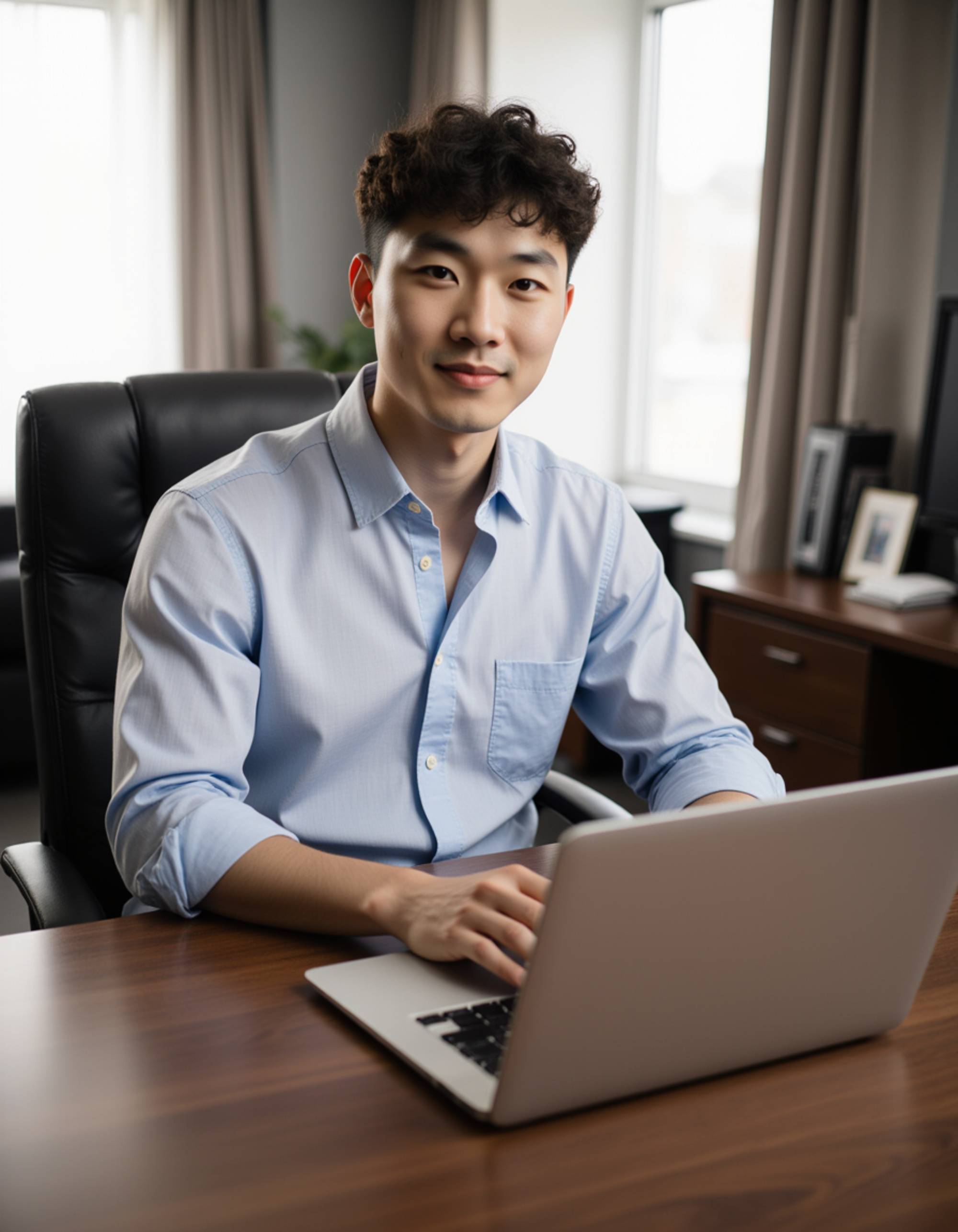 executive portrait, model seated at an office desk with a laptop, rolled-up sleeves, relaxed yet confident posture, modern workspace background, soft daylight, business-casual tone