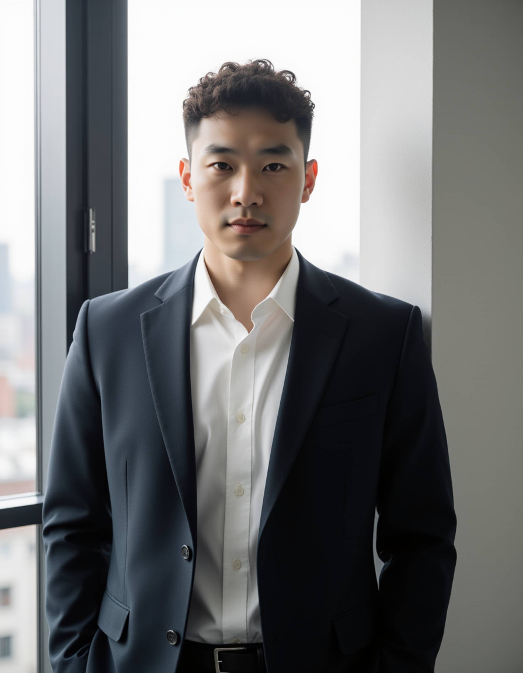 high-definition headshot, model in a dark blazer and crisp white shirt, standing near a large office window, blurred cityscape outside, natural lighting highlighting facial structure
