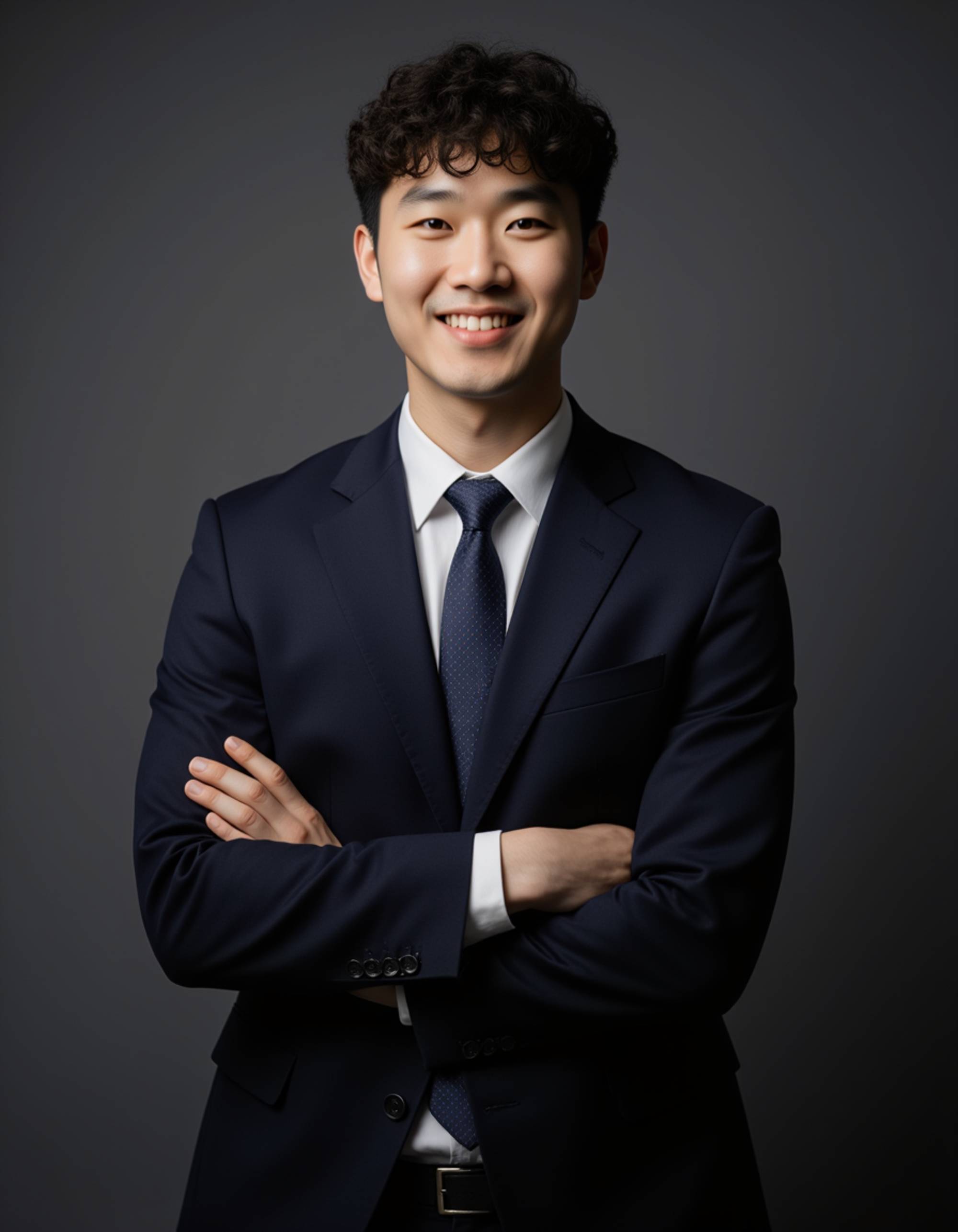 studio headshot, model in business attire with crossed arms, subtle smile, matte backdrop, cinematic lighting, professional and trustworthy look ideal for corporate profiles