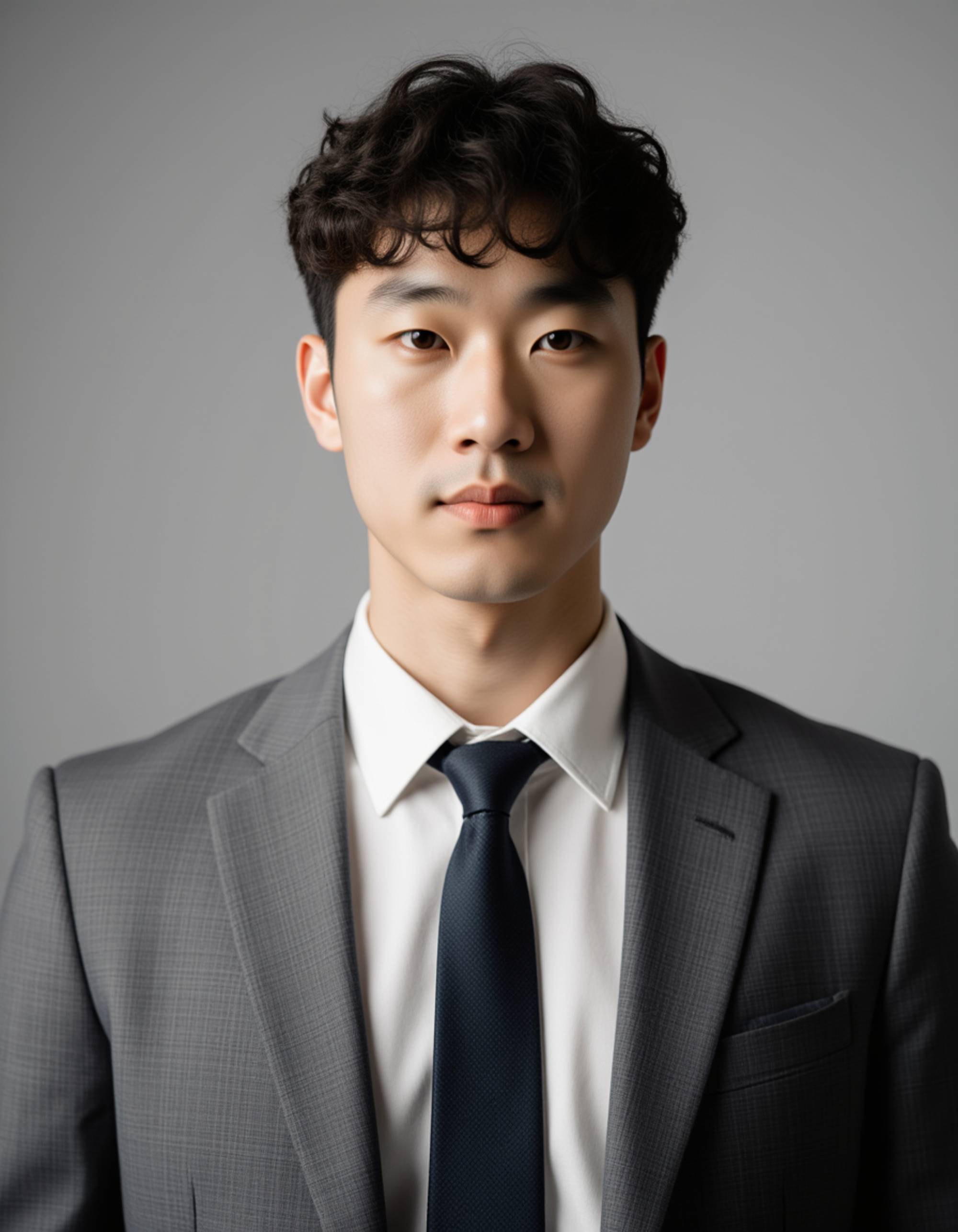 8k corporate portrait, model in gray suit jacket, light stubble, focused gaze, soft side lighting, neutral background, clean composition emphasizing professionalism and confidence