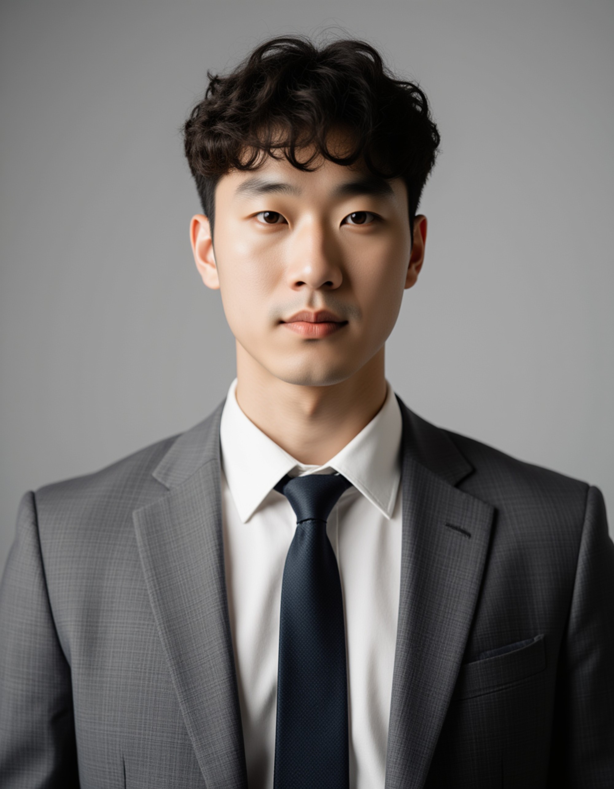 8k corporate portrait, model in gray suit jacket, light stubble, focused gaze, soft side lighting, neutral background, clean composition emphasizing professionalism and confidence