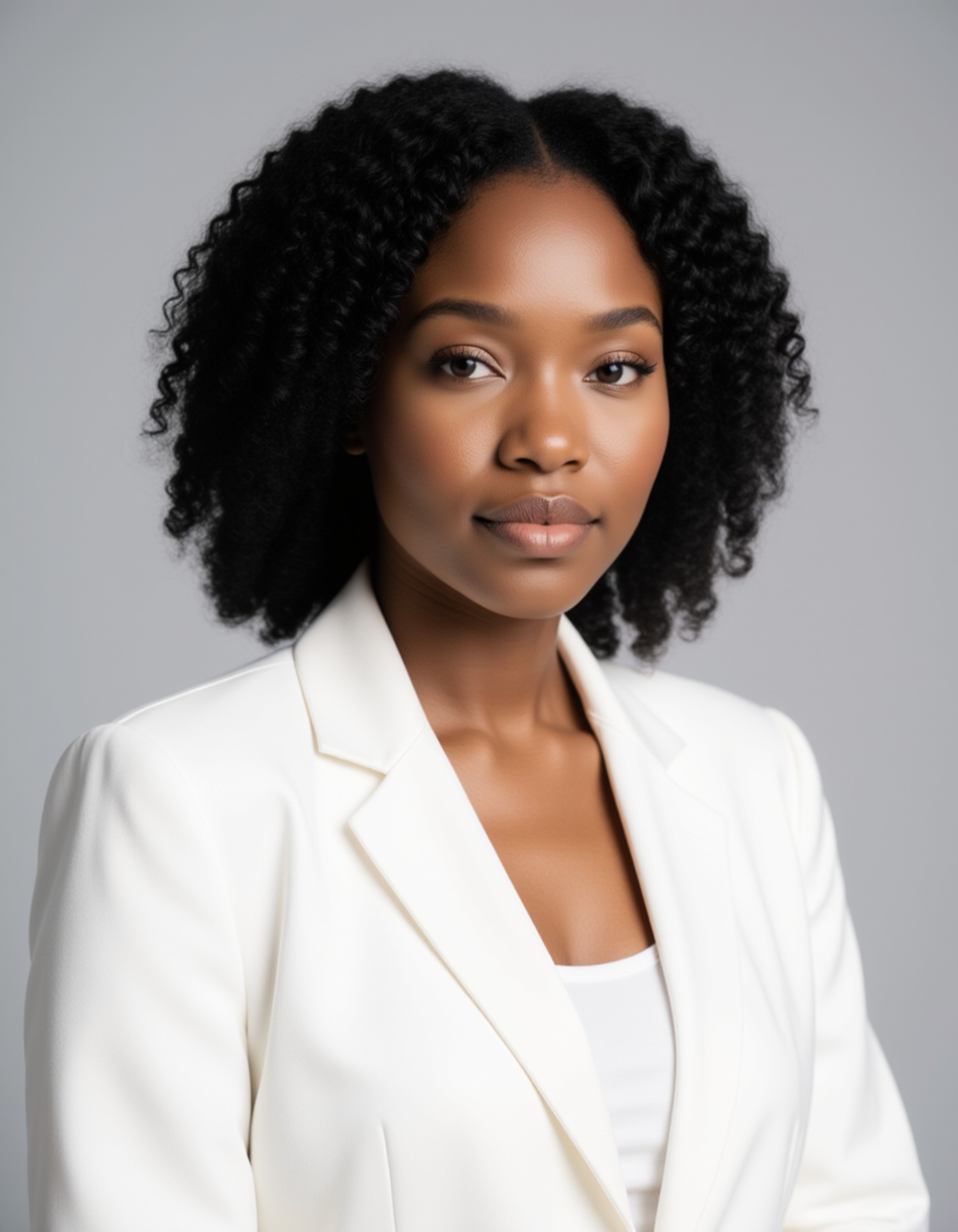 8k professional headshot, model wearing a white blouse and fitted blazer, subtle makeup, confident expression, soft studio lighting, clean gray backdrop, polished LinkedIn aesthetic