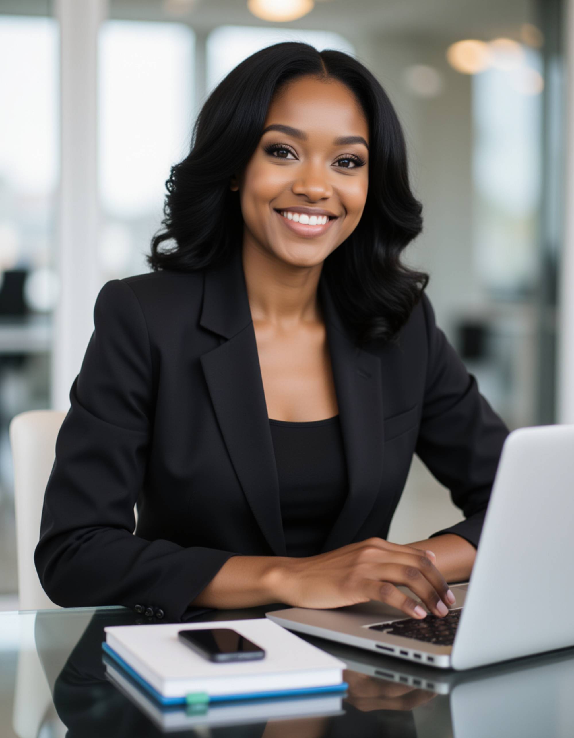 corporate portrait, model sitting at a glass desk with a laptop, elegant hairstyle, formal business outfit, natural daylight, blurred modern office background, professional and approachable look